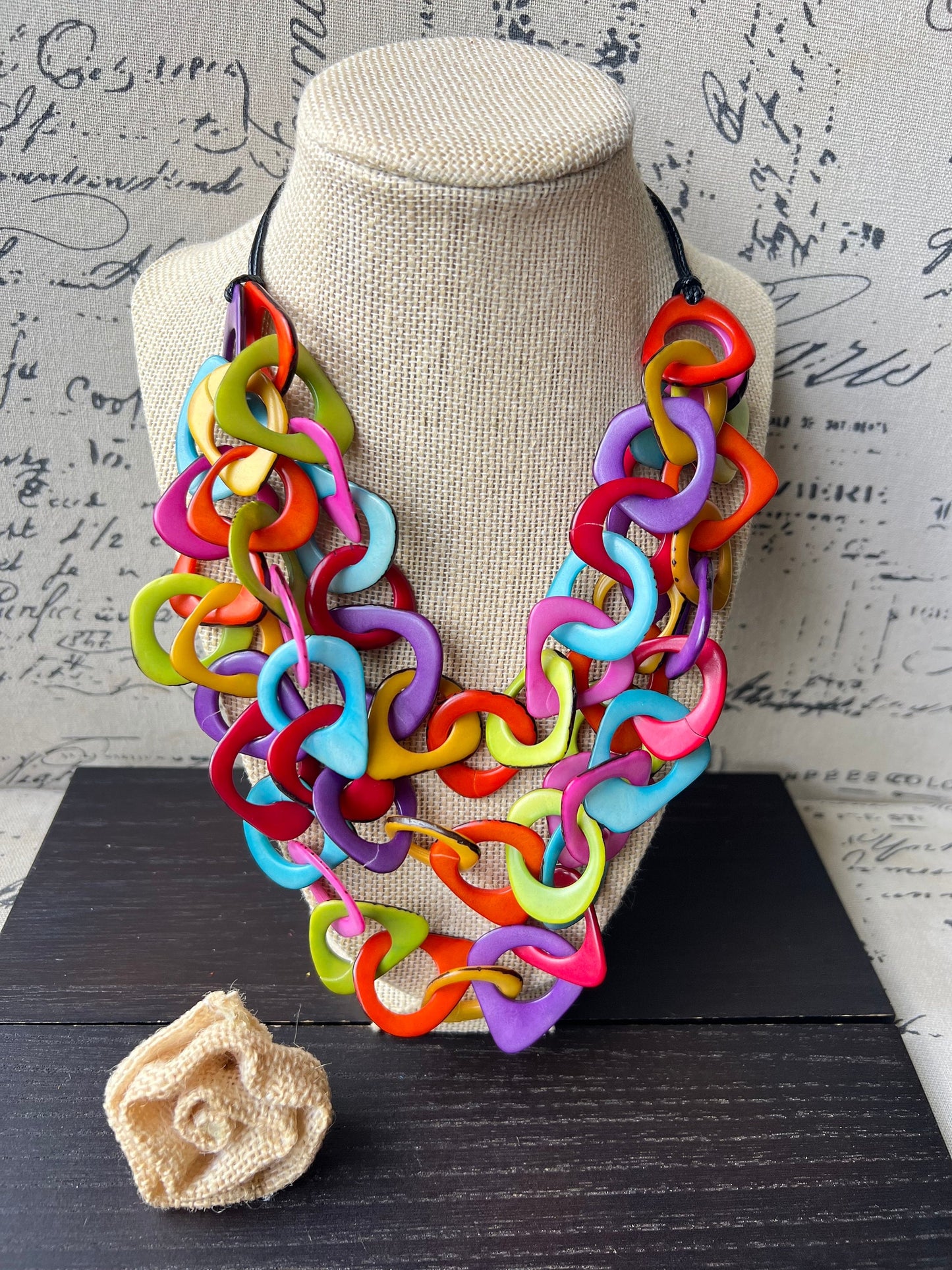 Rainbow statement necklace Tagua jewelry Adjustable cord Big bold necklaces Statement necklaces for women Wearable art Fall fashion