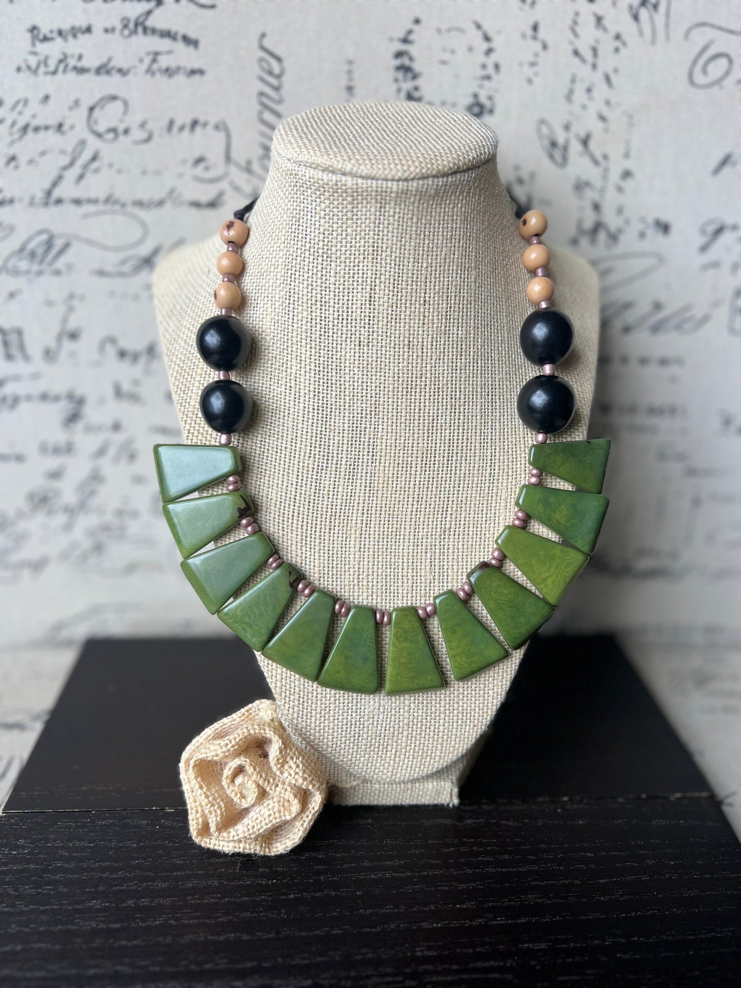 Olive green necklace Adjustable cord Tagua nut jewelry Big bold chunky necklace Art to wear Handmade beaded necklace Statement bead necklace
