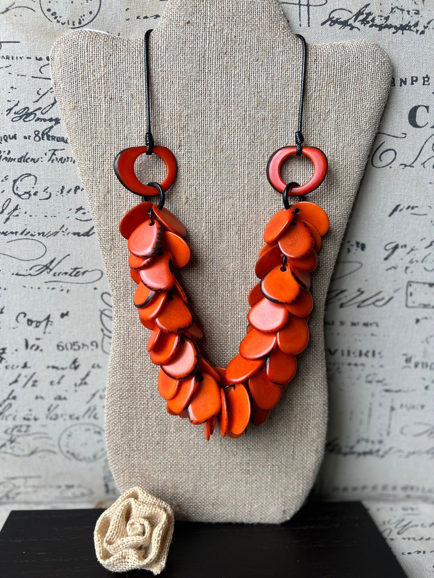 Orange statement necklace Tagua jewelry Beaded necklaces handmade Adjustable cord Unique gift for women Artisan jewelry findings Art to wear