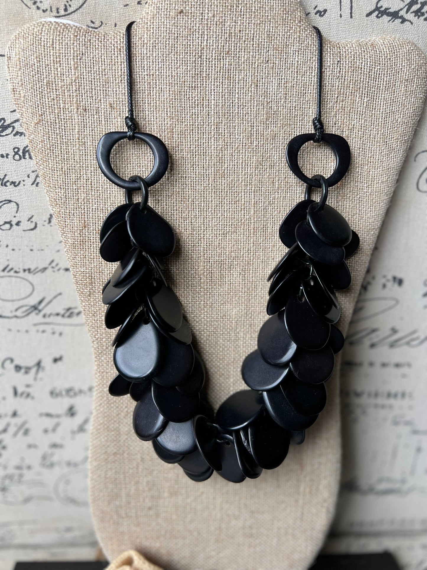 Black chunky necklace Tagua nut jewelry Statement necklaces for women Spring fashions 2025 Art to wear Adjustable cord Mothers day gifts