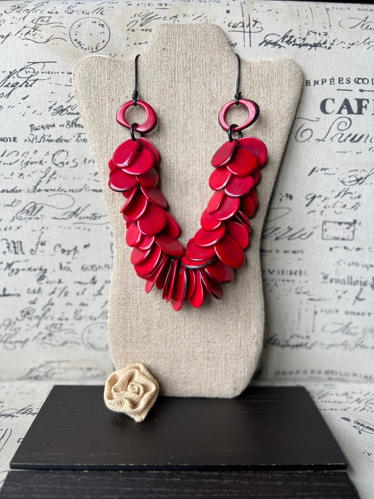 Red chunky necklace Tagua nut jewelry Artistic necklace Handmade beaded statement necklace Wearable art Mothers day gifts Spring fashion