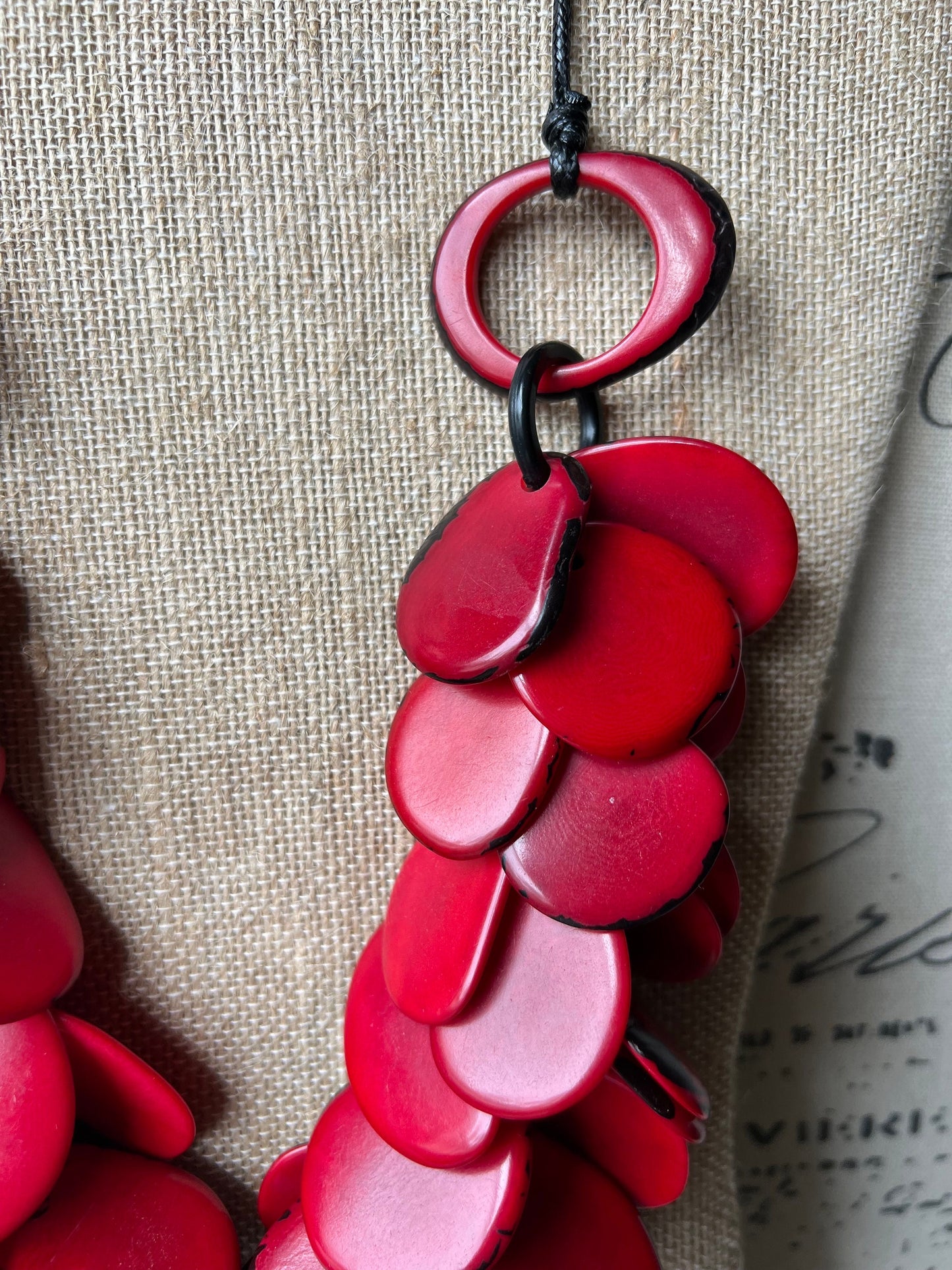 Red Tagua Nut Necklace, Handmade Adjustable Cord Statement Jewelry, Lightweight