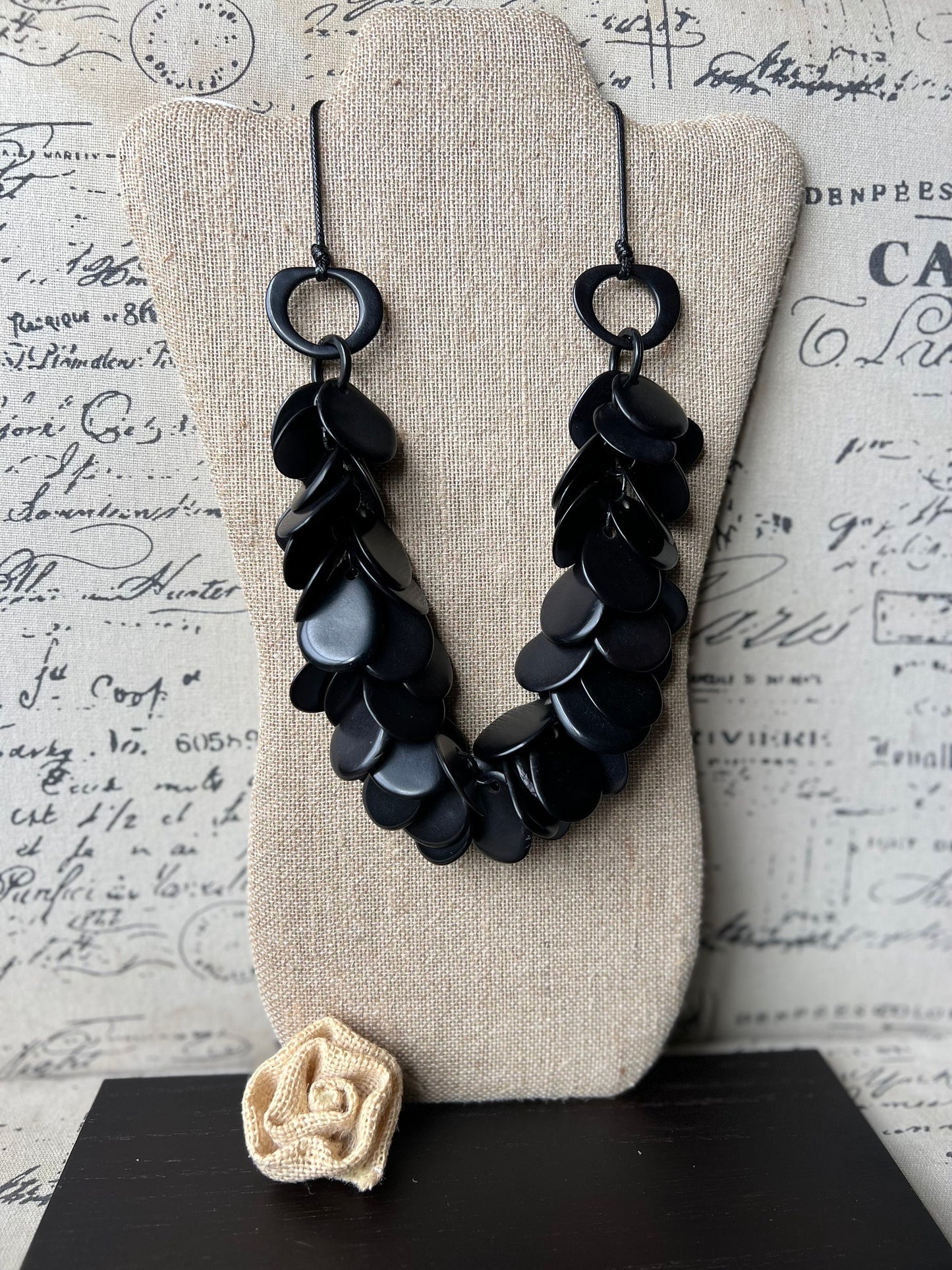 Black Statement Tagua Nut Necklace - Adjustable Cord, Lightweight jewelry, Handmade beaded collar
