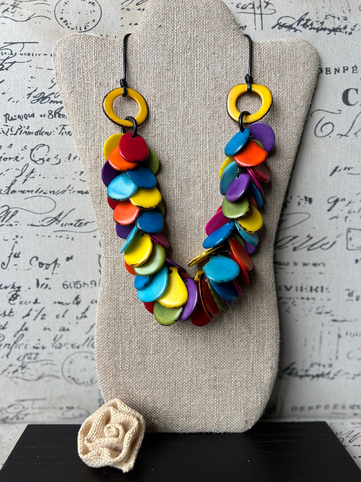 Rainbow statement necklace Tagua jewelry lightweight Adjustable cord Pride jewelry Summer fashion Multi color beaded necklace Art to wear