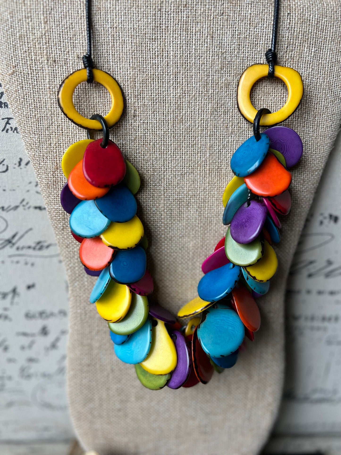 Rainbow statement necklace Tagua jewelry lightweight Adjustable cord Pride jewelry Summer fashion Multi color beaded necklace Art to wear