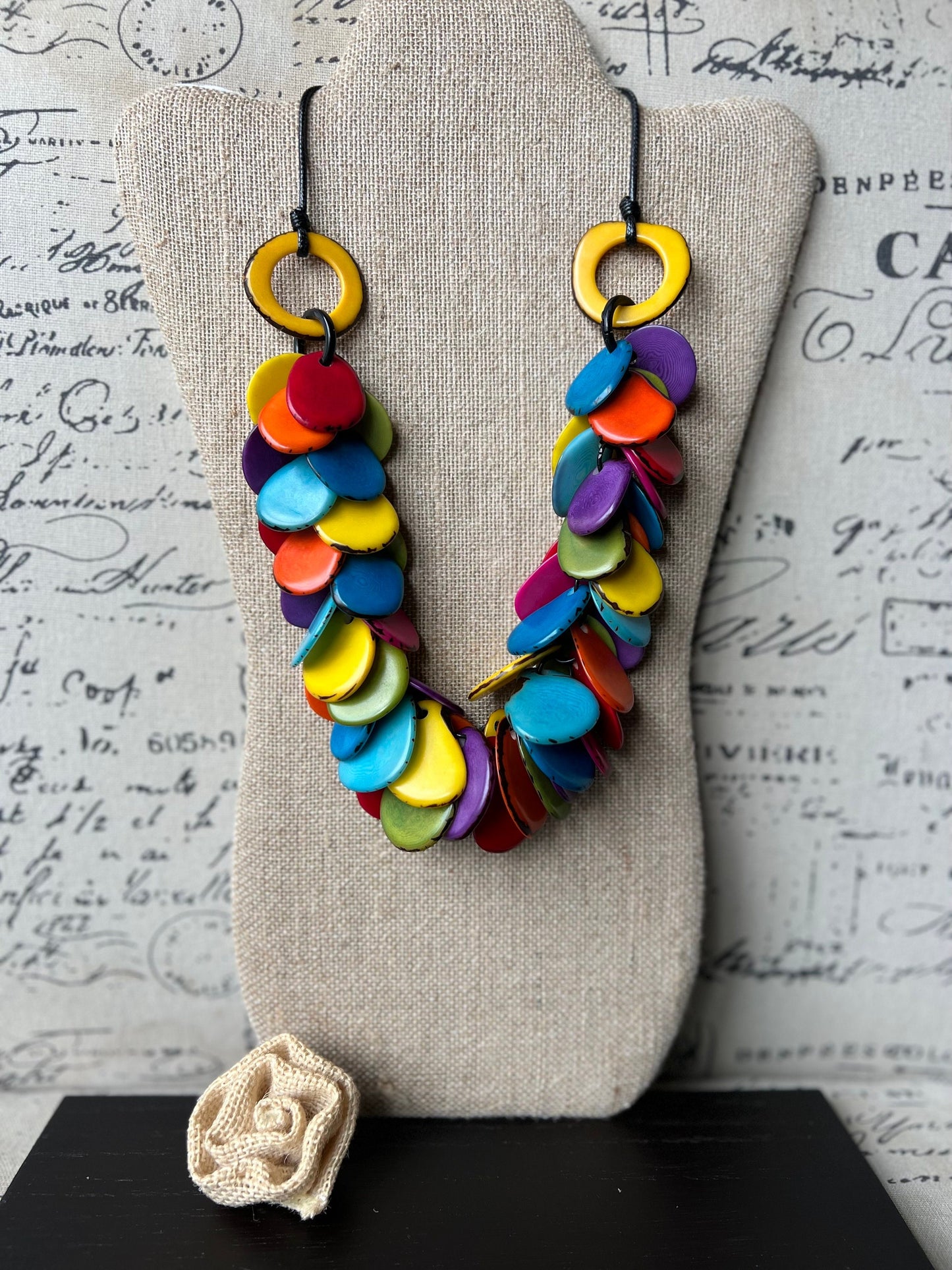 Rainbow statement necklace Tagua jewelry lightweight Adjustable cord Pride jewelry Fall fashion Multi color beaded necklace Art to wear