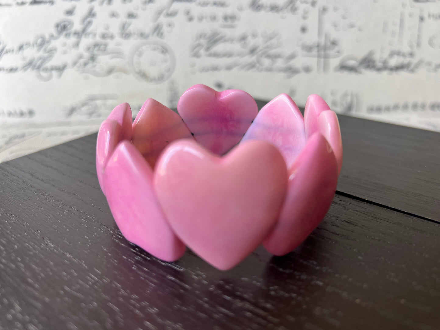 Pink Heart Bracelet : Tagua Nut Bangle, Elastic Stretch Jewelry