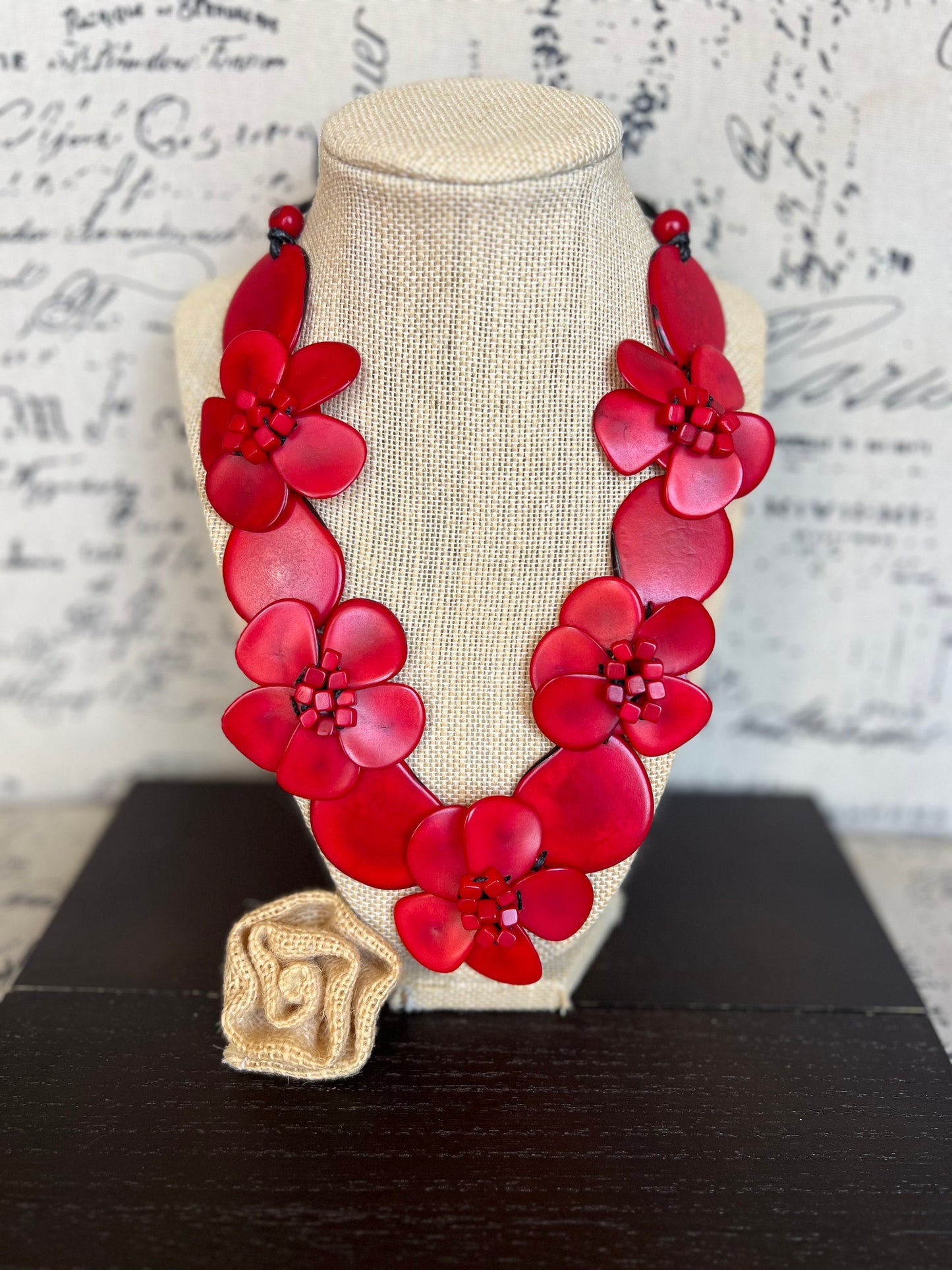 Red flower statement necklace Tagua jewelry Mothers day gifts Big bold necklaces Wearable art Beaded necklaces Floral jewelry Red roses