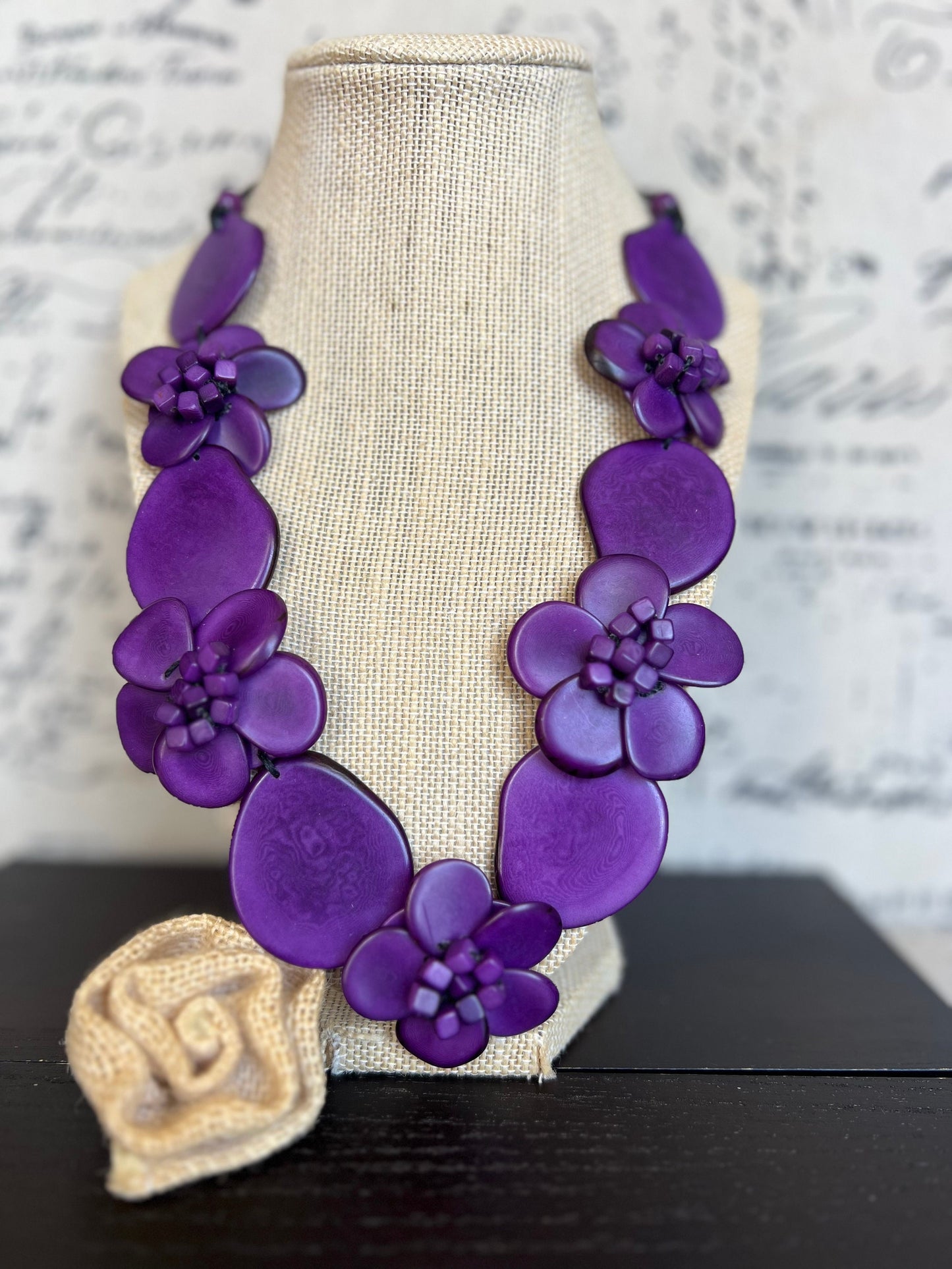 Purple flower statement necklace Tagua jewelry Spring fashion trends Big bold chunky necklace Beach trends Floral design Mother’s Day gifts