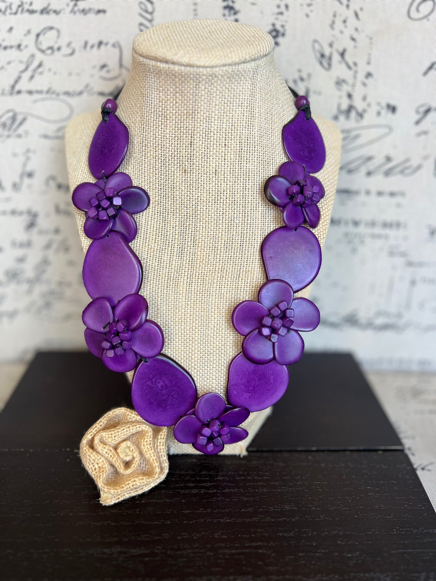 Purple flower statement necklace Tagua jewelry Spring fashion trends Big bold chunky necklace Beach trends Floral design Mother’s Day gifts