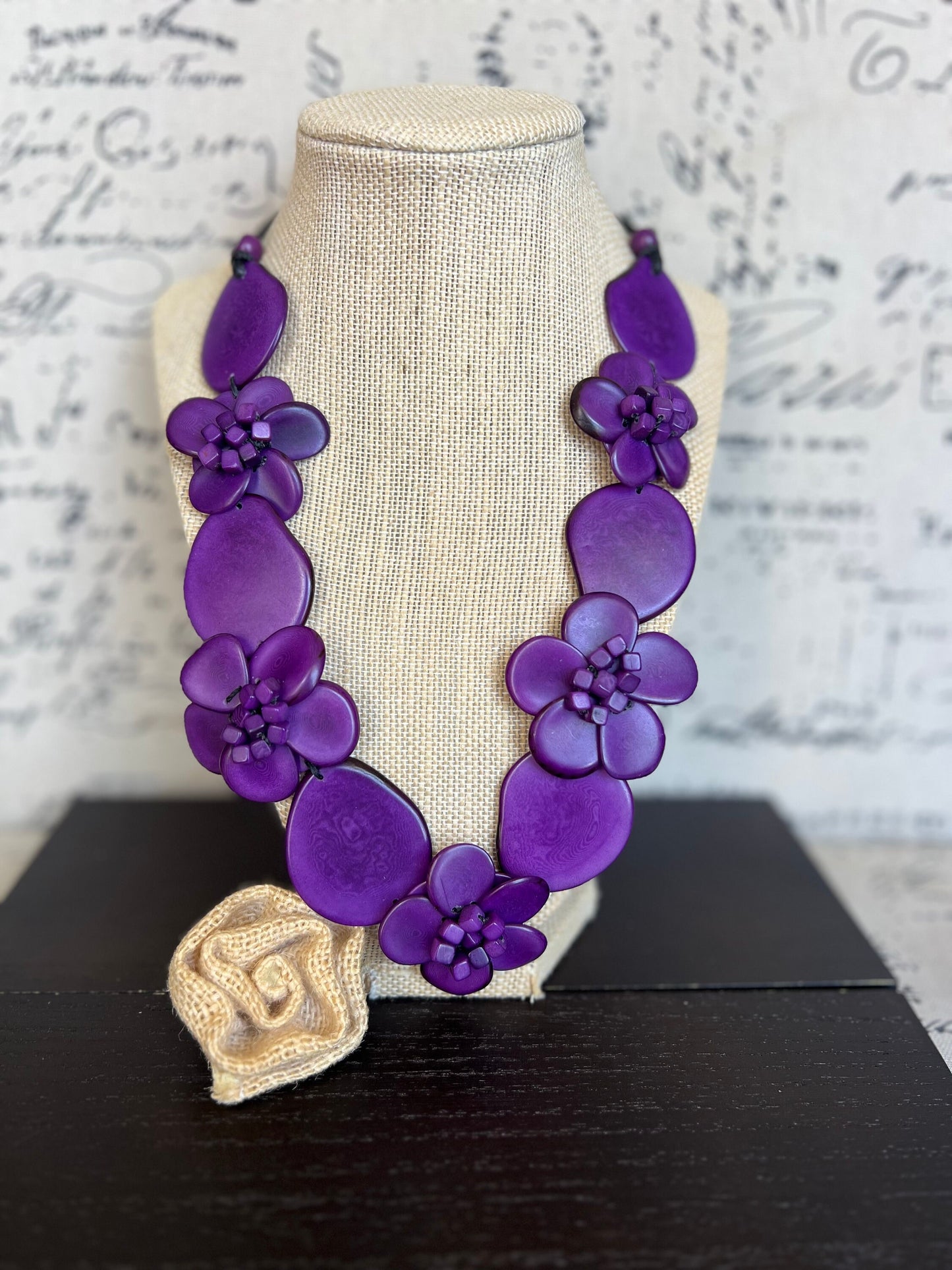 Purple flower statement necklace Tagua jewelry Spring fashion trends Big bold chunky necklace Beach trends Floral design Mother’s Day gifts