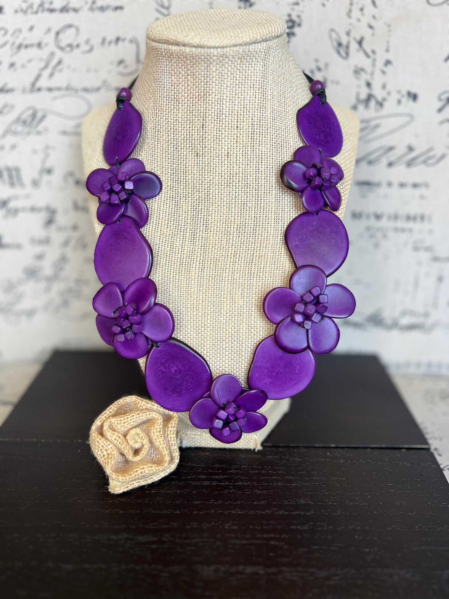 Purple flower statement necklace Tagua jewelry Spring fashion trends Big bold chunky necklace Beach trends Floral design Mother’s Day gifts
