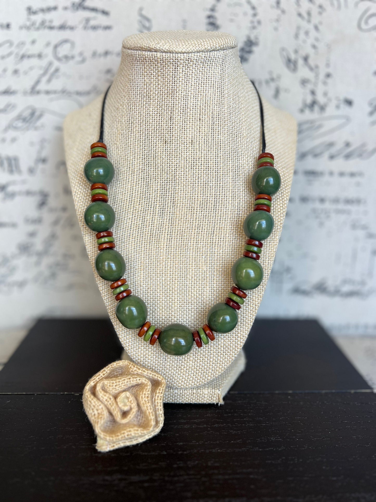Olive green statement necklace with bubblegum beads Tagua and bombona necklace Adjustable cord Big bold chunky necklace Fall fashion 2025