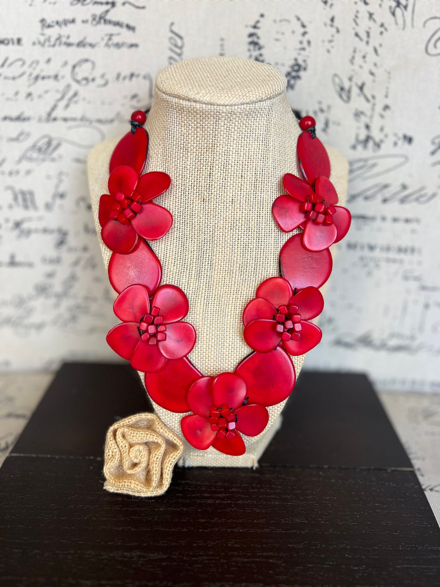 Red flower statement necklace Tagua jewelry Mothers day gifts Big bold necklaces Wearable art Beaded necklaces Floral jewelry Red roses