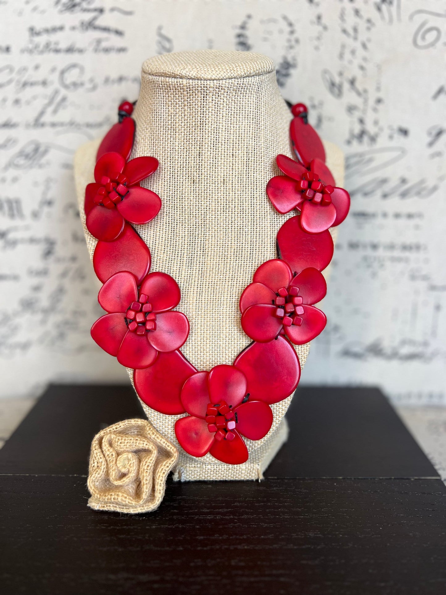 Red flower statement necklace Tagua jewelry Mothers day gifts Big bold necklaces Wearable art Beaded necklaces Floral jewelry Red roses