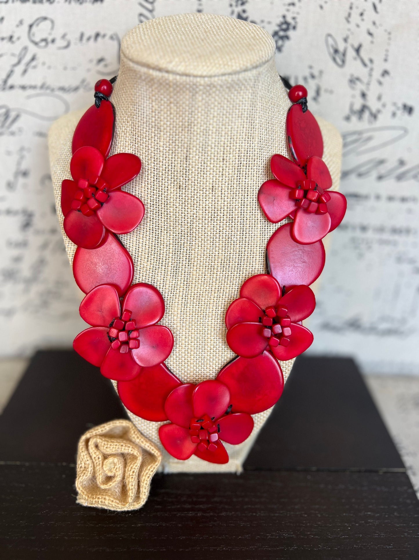 Red flower statement necklace Tagua jewelry Mothers day gifts Big bold necklaces Wearable art Beaded necklaces Floral jewelry Red roses