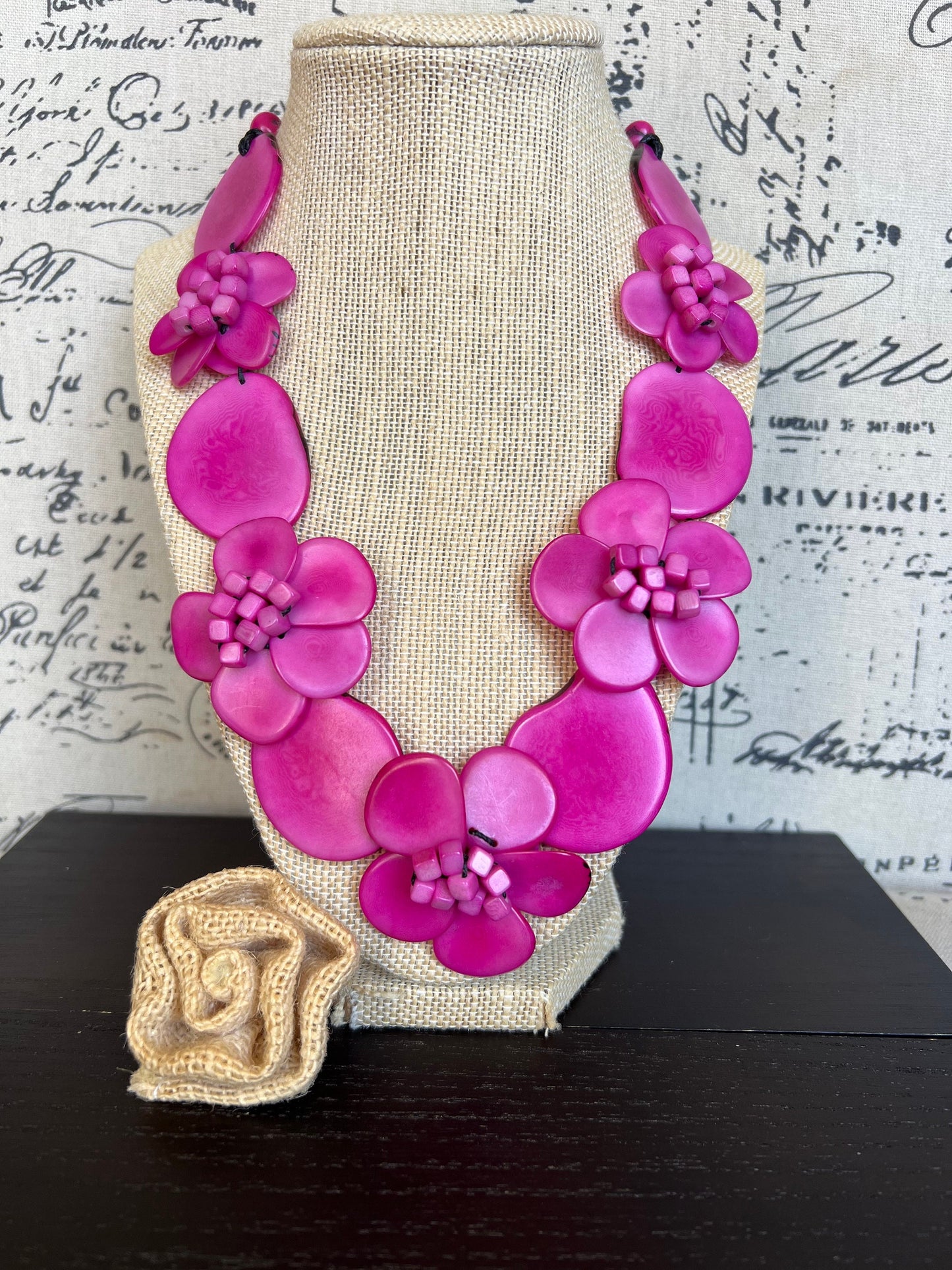 Pink flower statement necklace Tagua jewelry Beach fashion Big bold necklaces Adjustable cord Wearable art Floral necklace Art to wear