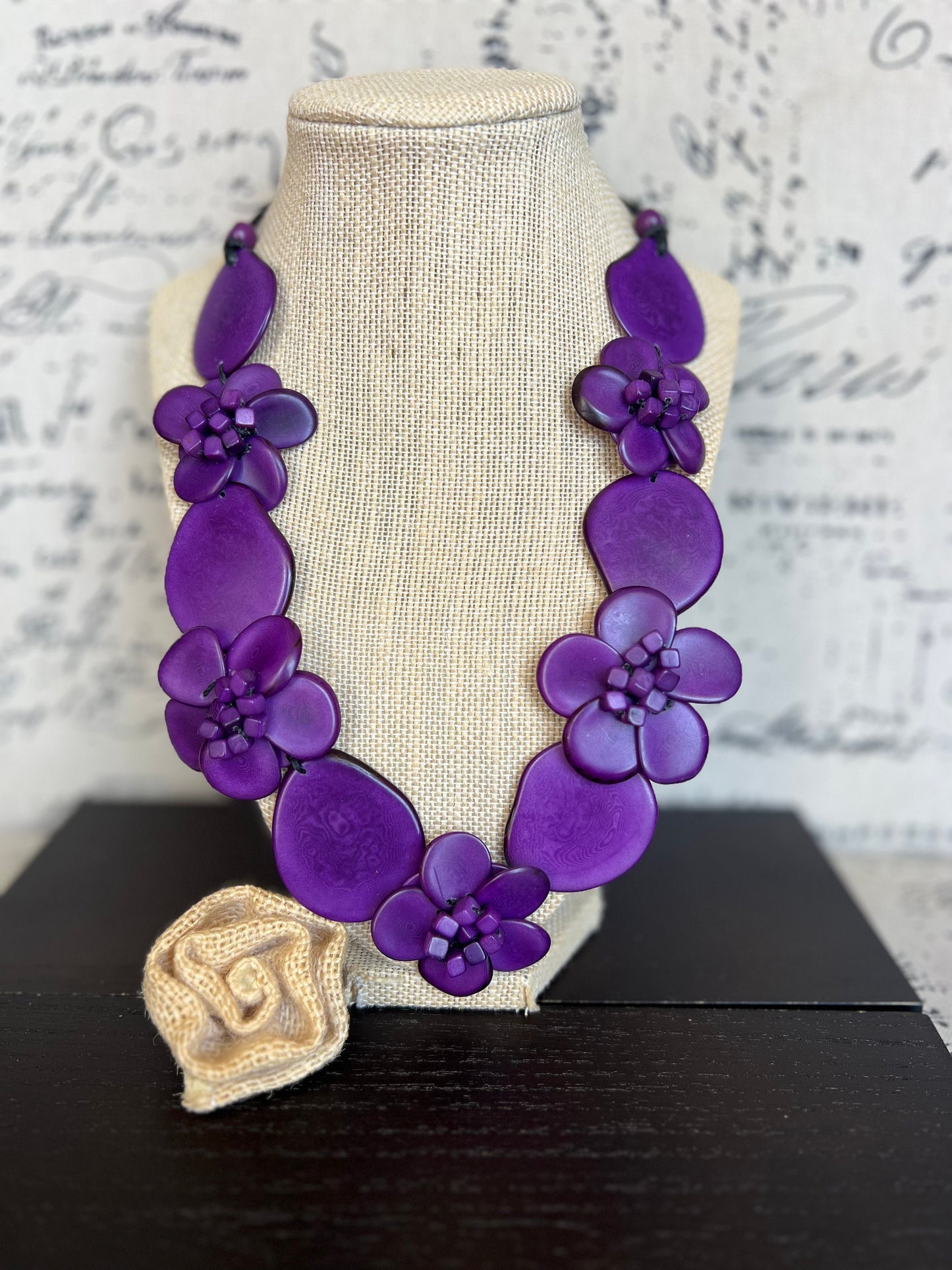 Purple flower statement necklace Tagua jewelry Spring fashion trends Big bold chunky necklace Beach trends Floral design Mother’s Day gifts