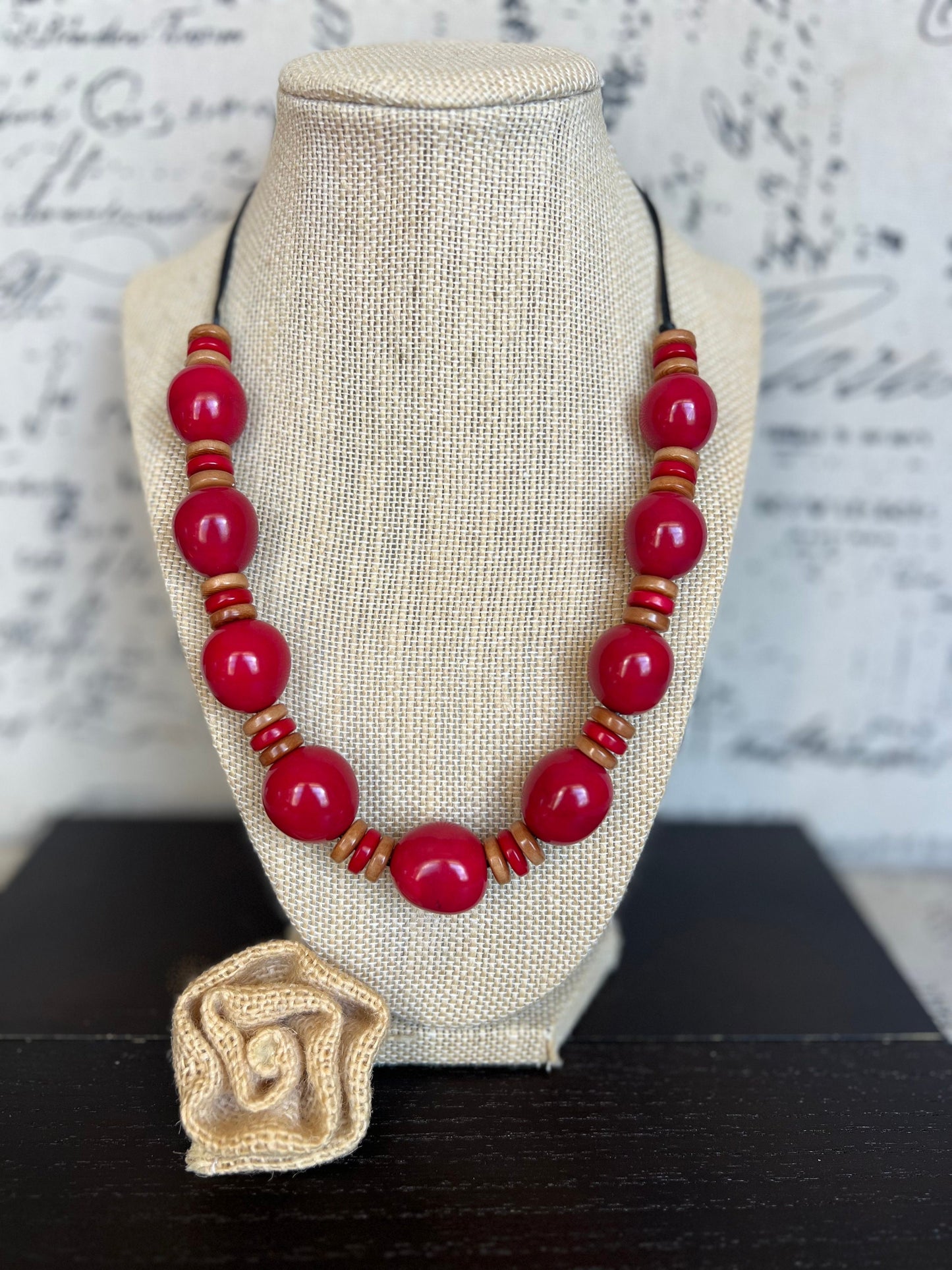 Red and brown statement necklace with bubblegum beads Tagua and bombona necklace Fall fashion Big bold chunky necklace Fall fashion 2025