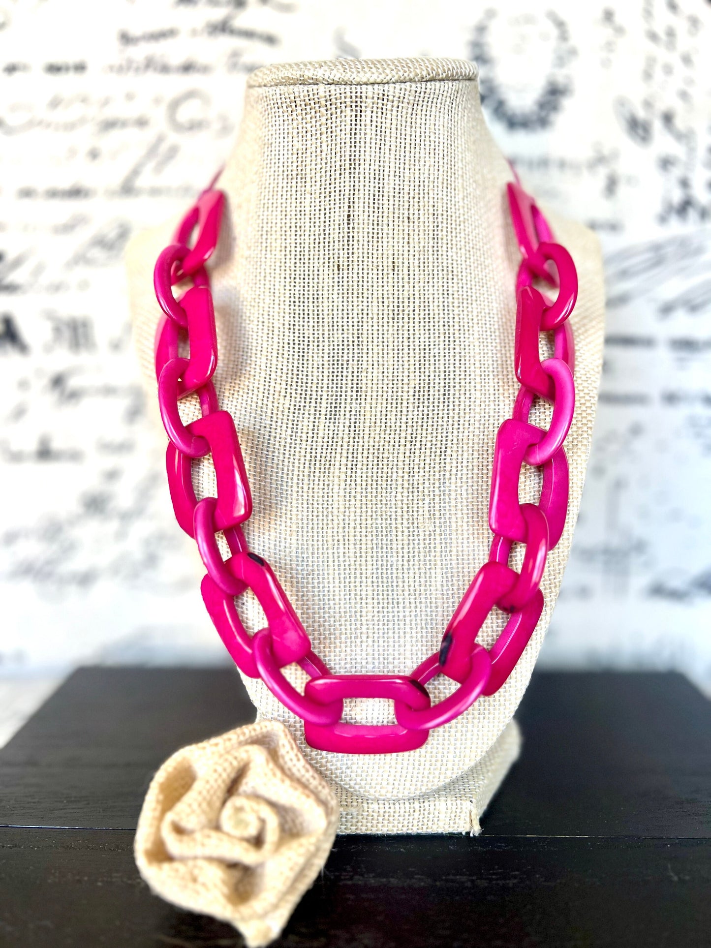 Hot pink chain link necklace Tagua jewelry Oversized bead Geometric statement necklace Mothers day gifts Wearable art Spring fashion 2025