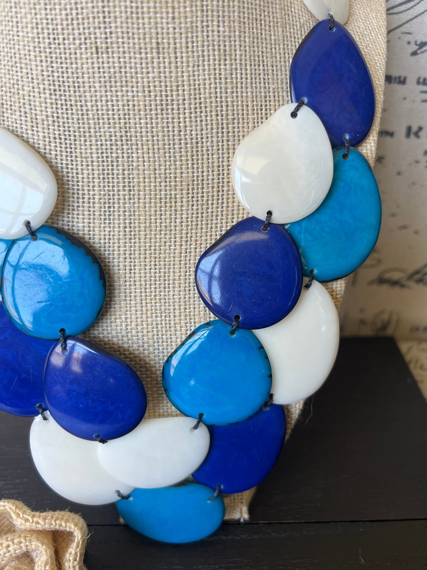 Turquoise Blue white statement necklace Tagua jewelry Summer fashion Big bold necklace Double layered necklace Wearable art Multi strand