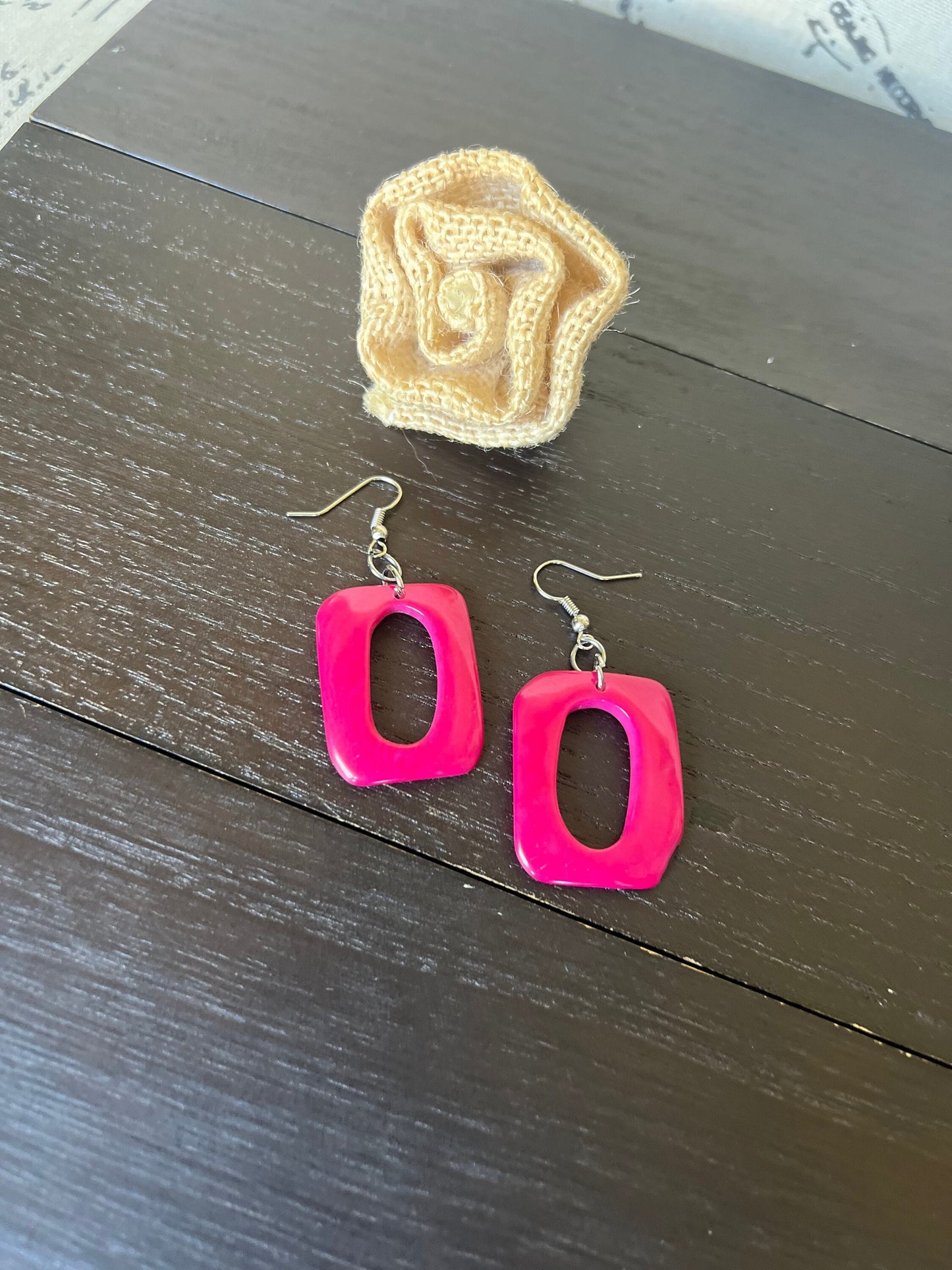 Hot pink square earrings Tagua nut jewelry Geometric jewelry Statement dangle and drop earrings Easter basket gifts Wearable art