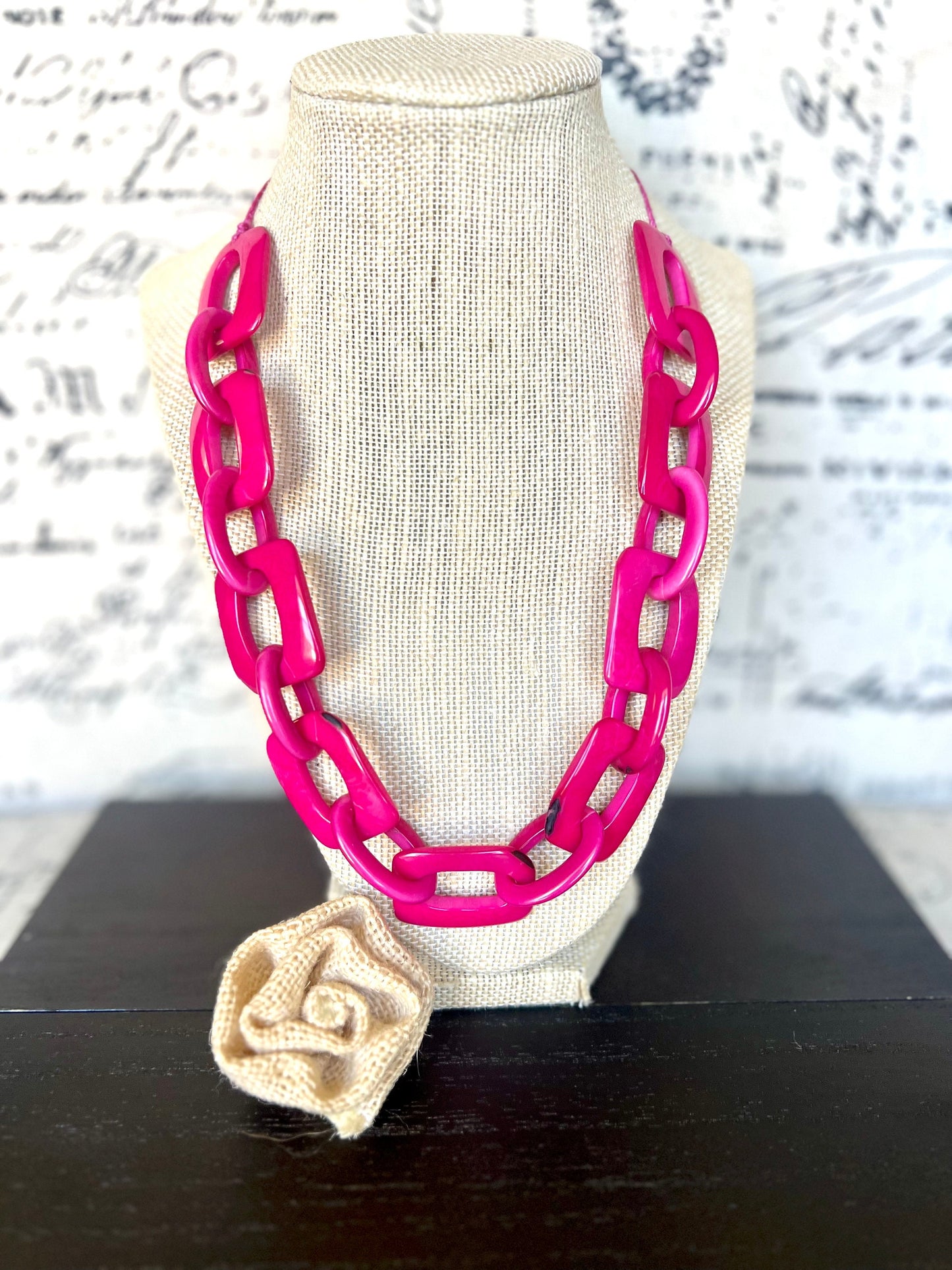 Hot pink chain link necklace Tagua jewelry Oversized bead Geometric statement necklace Fall fashion 2025s Wearable art Fall fashion 2025