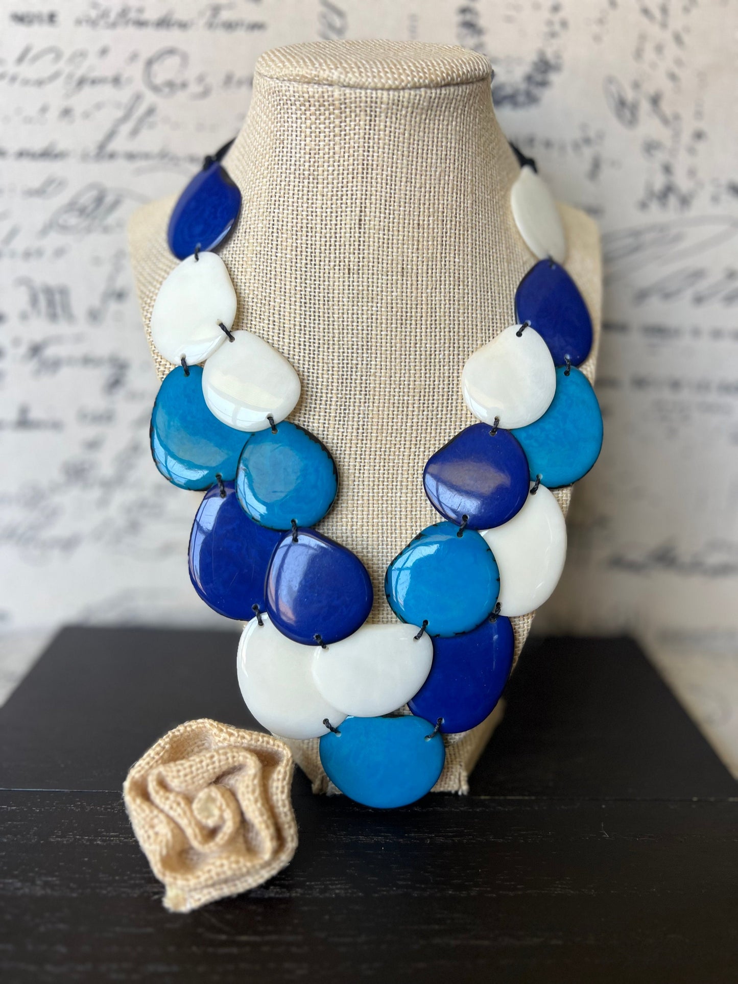 Turquoise Blue white statement necklace Tagua jewelry Summer fashion Big bold necklace Double layered necklace Wearable art Multi strand