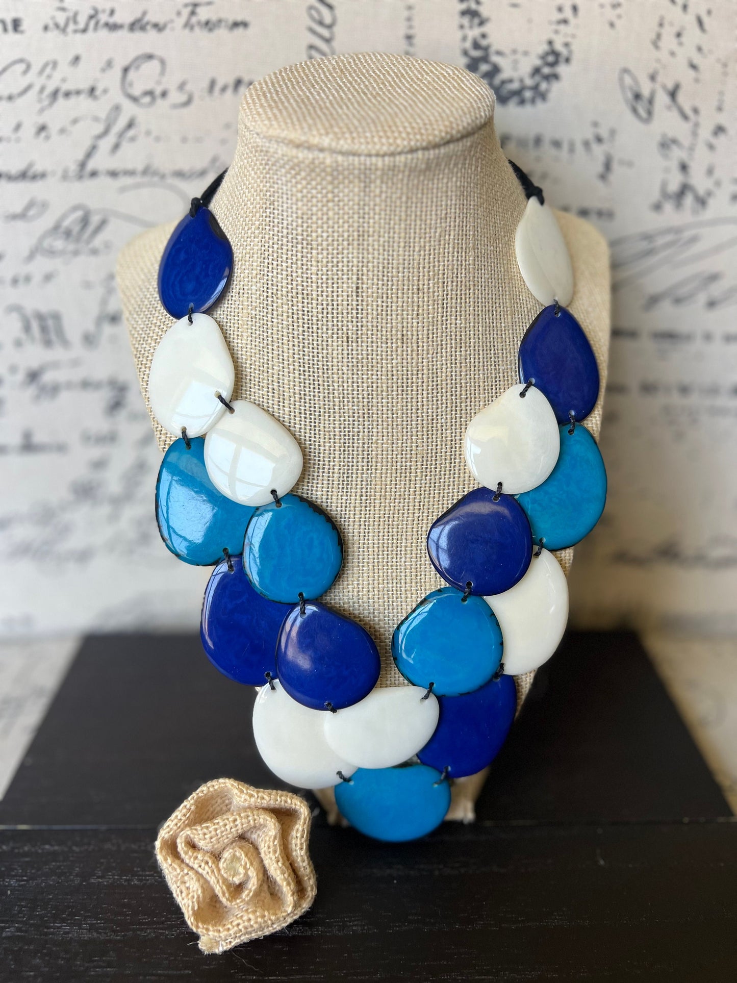 Turquoise Blue white statement necklace Tagua jewelry Summer fashion Big bold necklace Double layered necklace Wearable art Multi strand