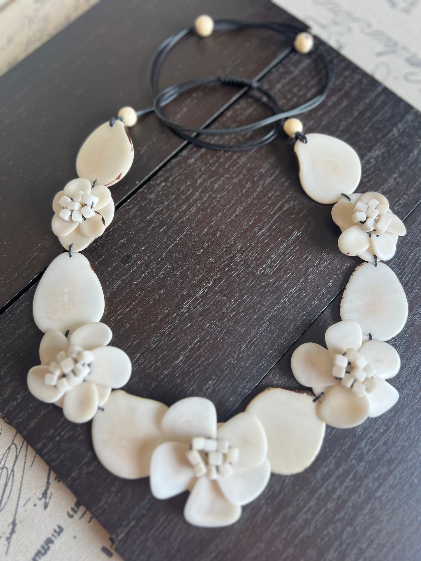 Ivory white flower statement necklace 14 wedding anniversary gift for wife Tagua jewelry Spring fashion 2025 Big bold chunky necklace