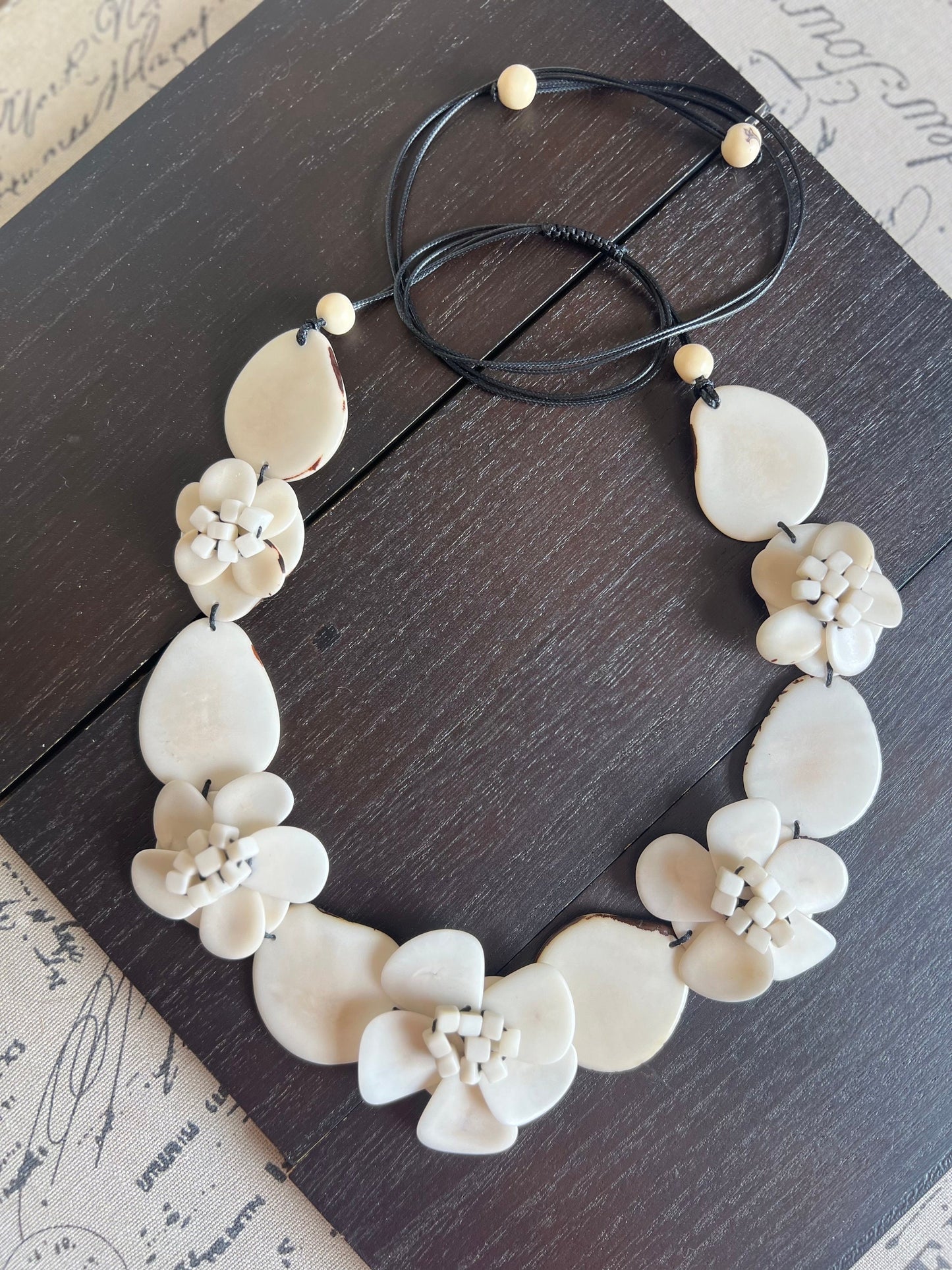 Ivory white flower statement necklace 14 wedding anniversary gift for wife Tagua jewelry Spring fashion 2025 Big bold chunky necklace