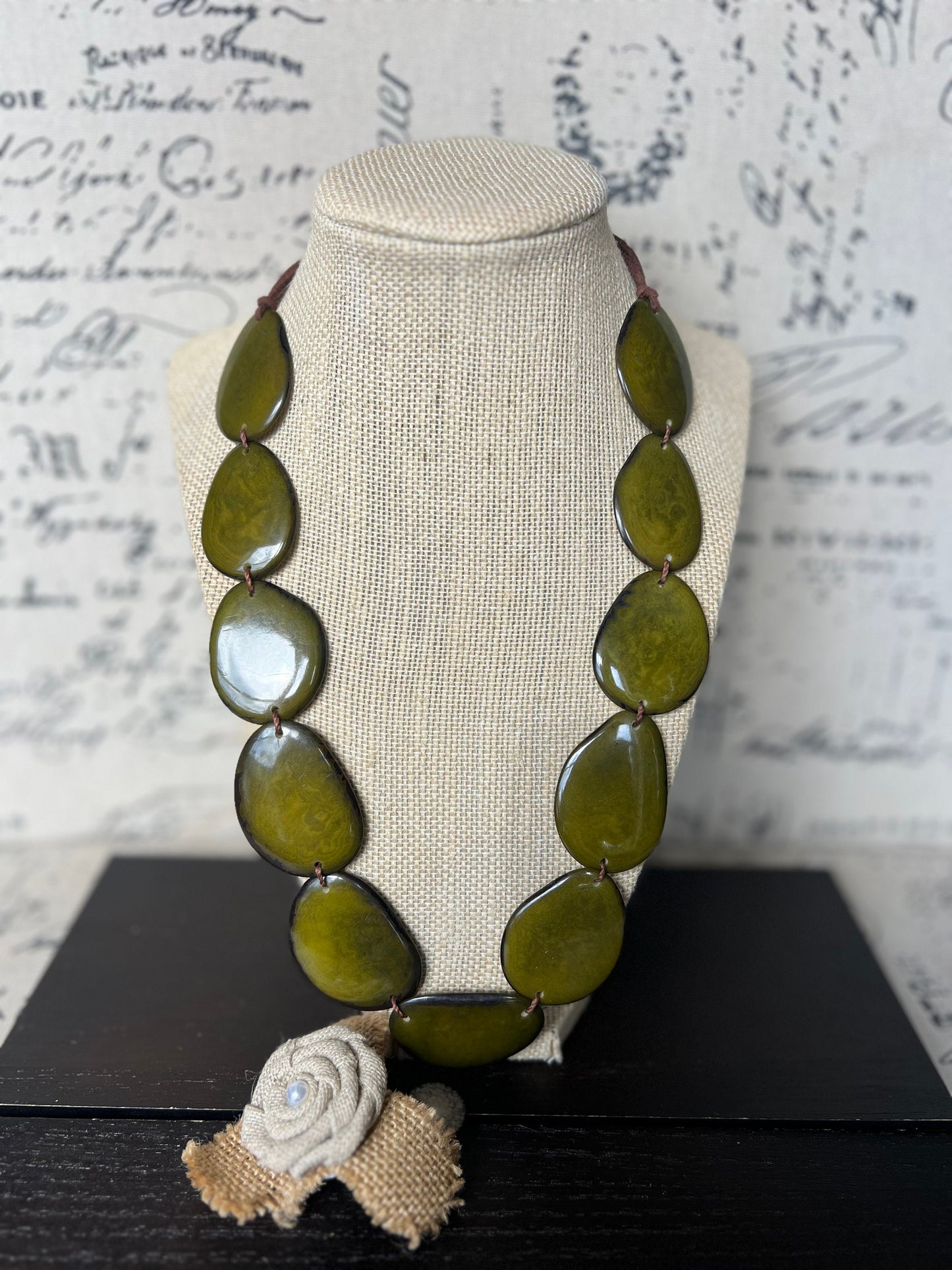 Olive green necklace Tagua jewelry Simple beaded necklace Art to wear Adjustable cord Fall fashion 2025 Wearable art Lightweight statement
