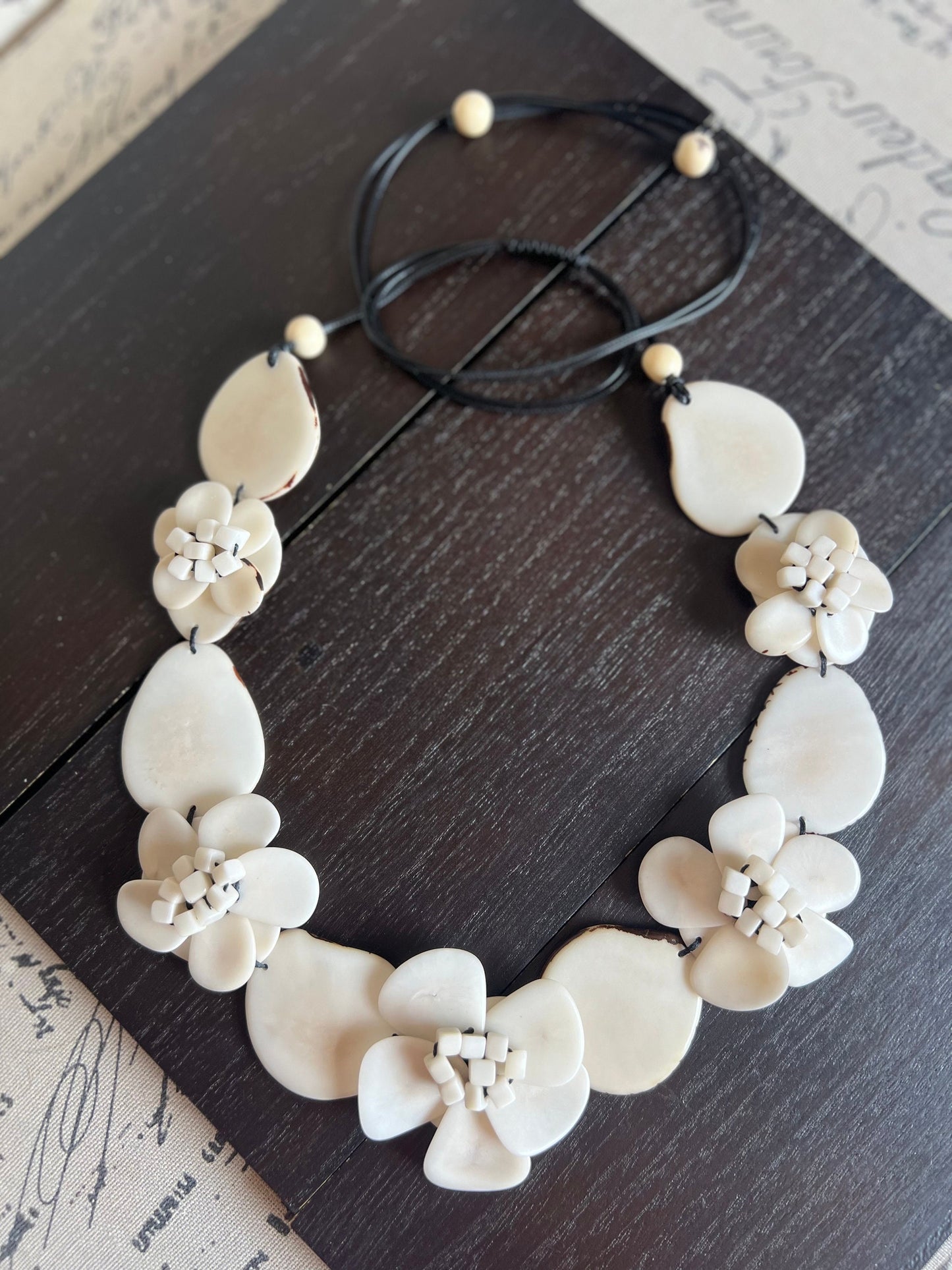 Ivory white flower statement necklace 14 wedding anniversary gift for wife Tagua jewelry Spring fashion 2025 Big bold chunky necklace