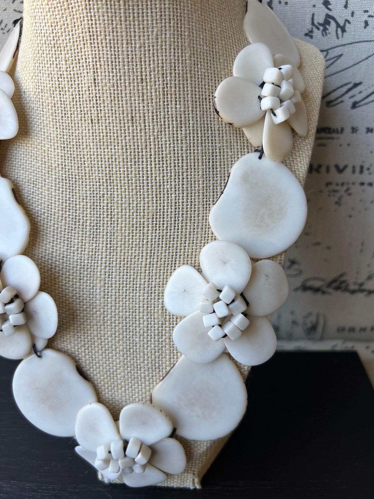Ivory white flower statement necklace 14 wedding anniversary gift for wife Tagua jewelry Spring fashion 2025 Big bold chunky necklace
