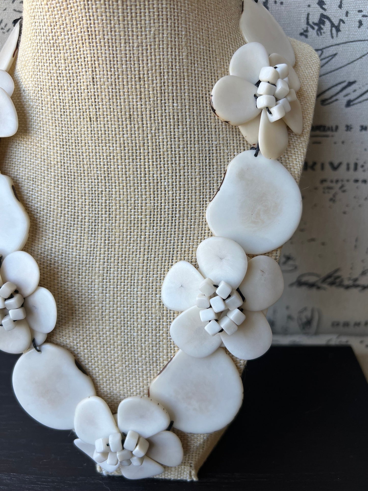 Ivory white flower statement necklace 14 wedding anniversary gift for wife Tagua jewelry Fall fashion 2025 Big bold chunky necklace