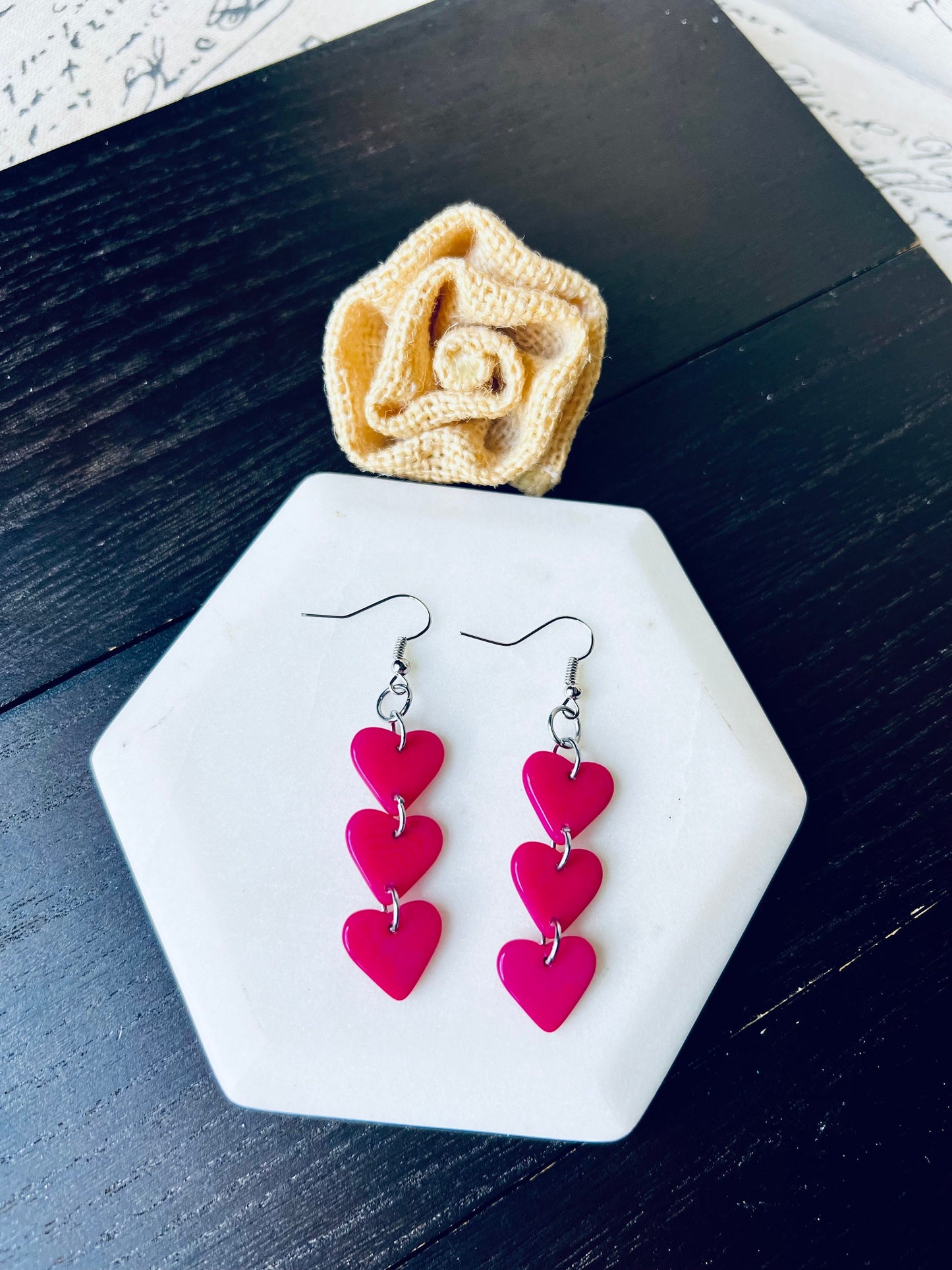 Hot pink statement earrings Hearts earrings Love jewelry Tagua jewelry I love you earring Cascade earrings Waterfall earrings Art to wear