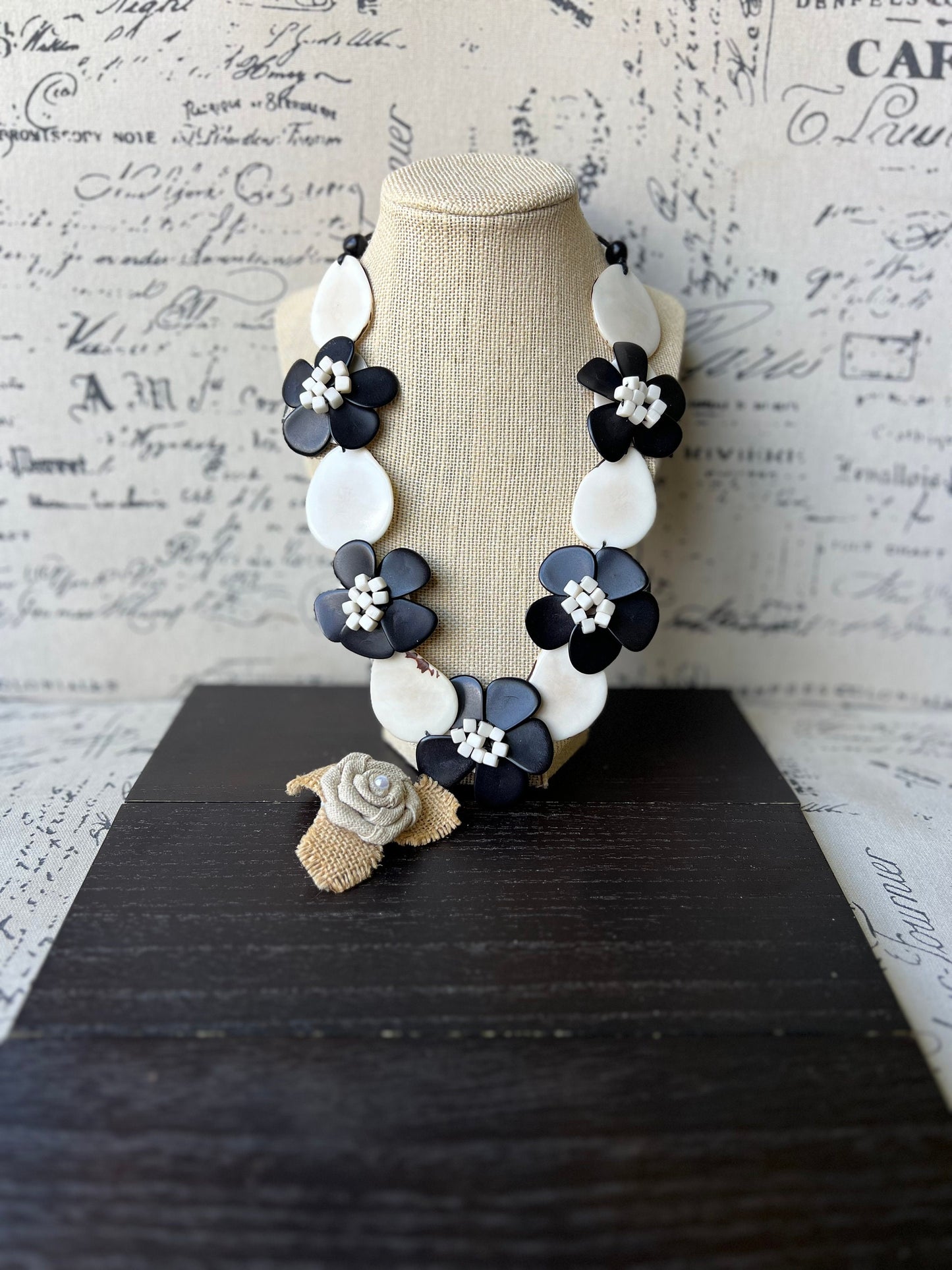 Black and white flower necklaces for women Tagua jewelry Fall fashion Big bold necklace Floral necklace Statement bib Wearable art