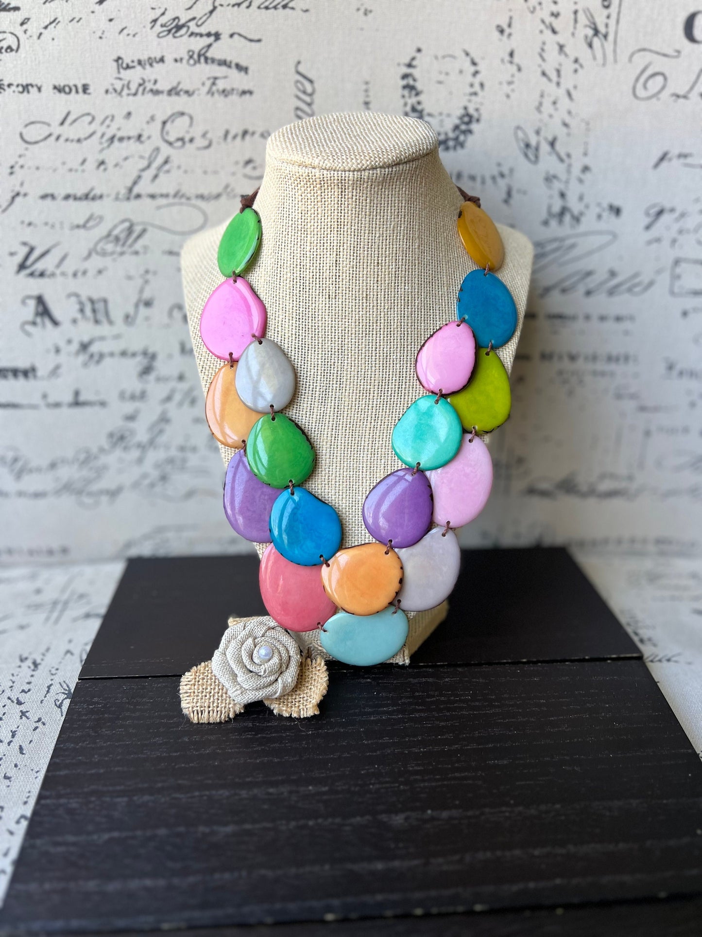 Rainbow statement necklace Tagua jewelry Big bold necklaces Wearable art Fall fashion 2025 Artsy gifts Multi layer necklace Adjustable cord