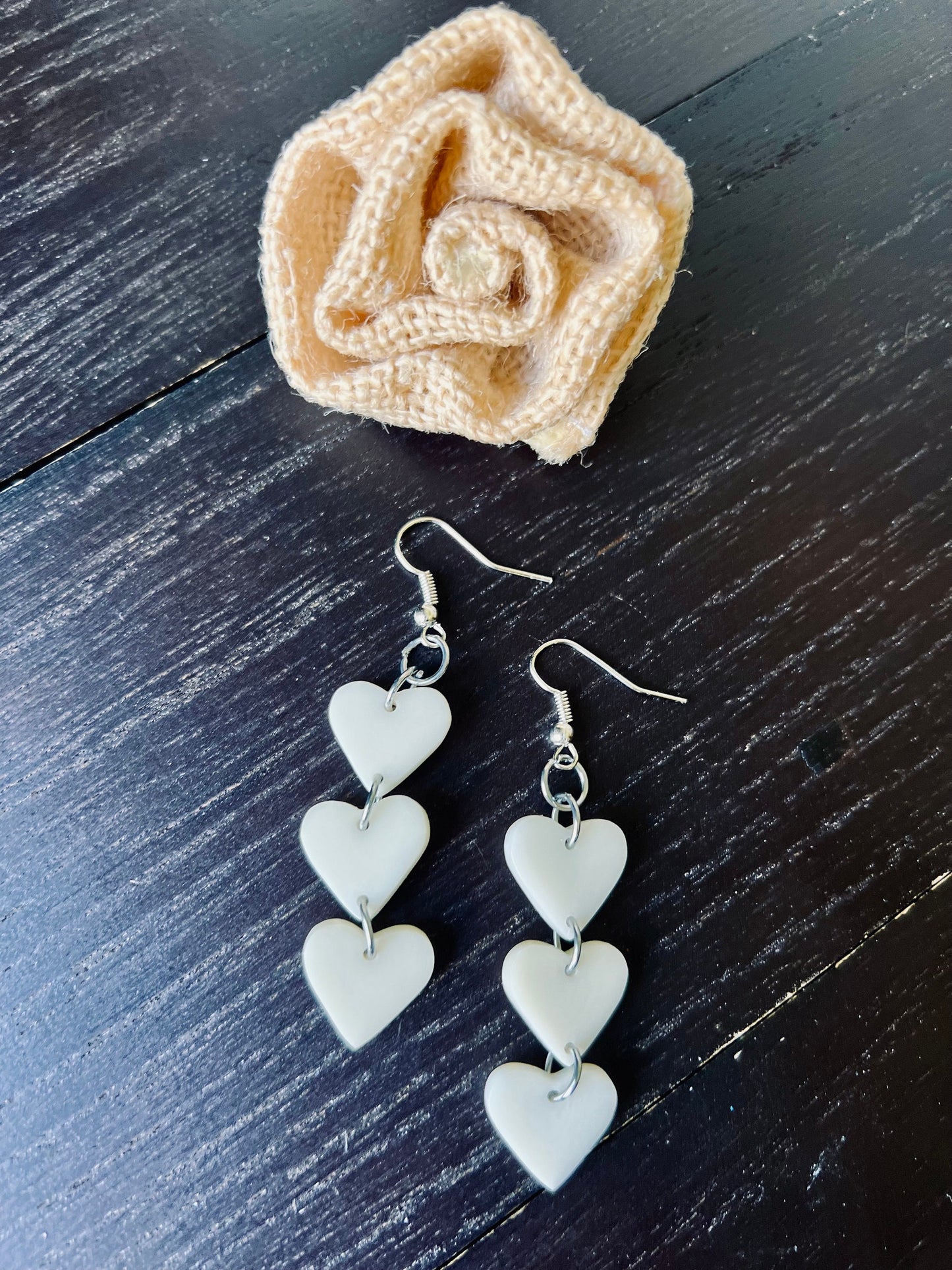 White heart earrings 14 year wedding anniversary gifts for her Waterfall drop earrings I love you jewelry Earrings for wedding Tagua jewelry