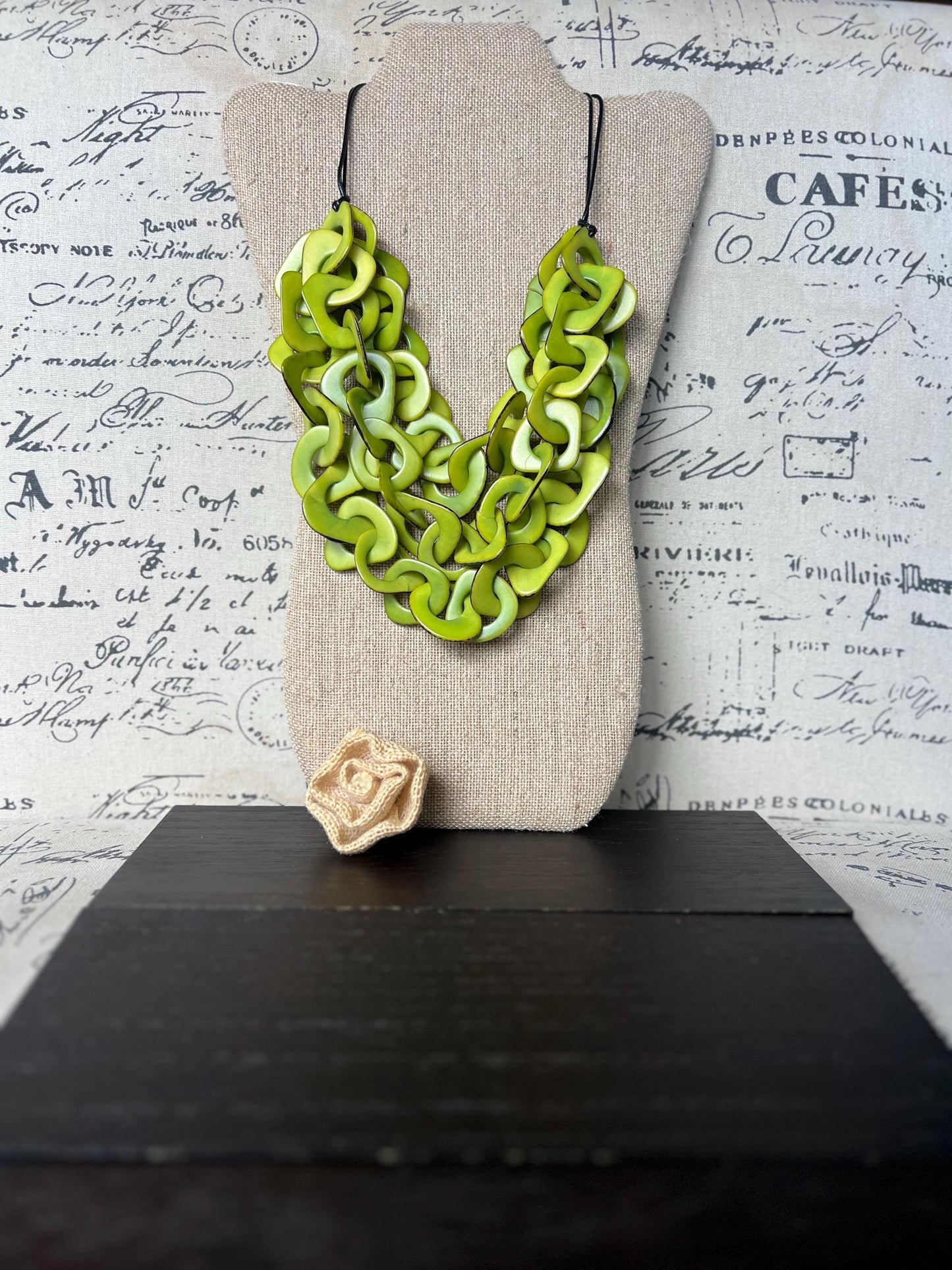 Green statement necklace Tagua jewelry Adjustable cord Big bold necklaces Spring fashion Valentine’s Day gifts for wife Wearable art