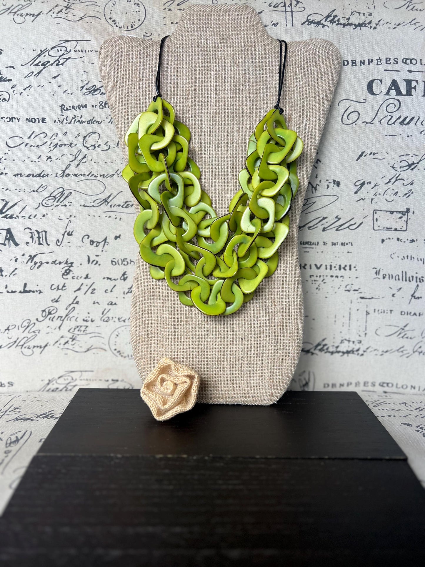 Green statement necklace Tagua jewelry Adjustable cord Big bold necklaces Spring fashion Valentine’s Day gifts for wife Wearable art