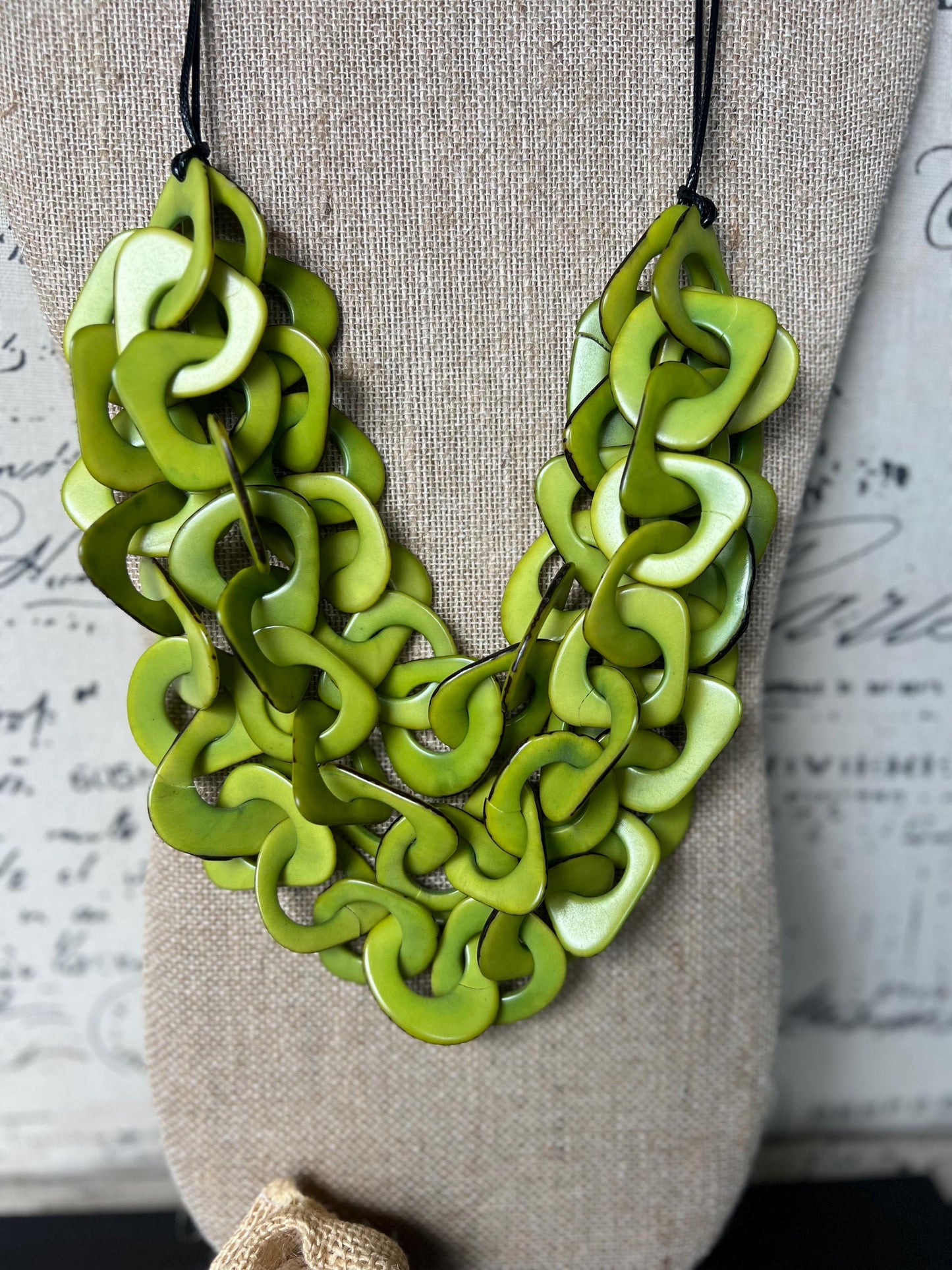 Green statement necklace Tagua jewelry Adjustable cord Big bold necklaces Spring fashion Valentine’s Day gifts for wife Wearable art