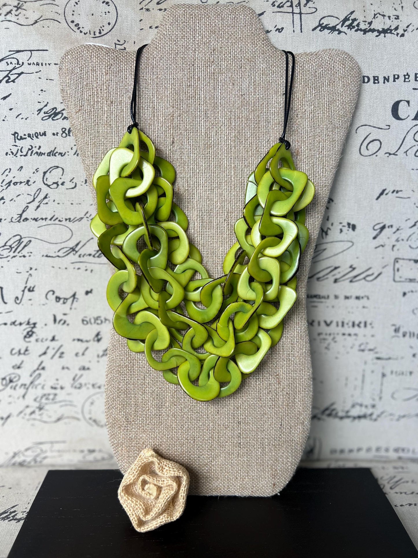 Green statement necklace Tagua jewelry Adjustable cord Big bold necklaces Spring fashion Valentine’s Day gifts for wife Wearable art