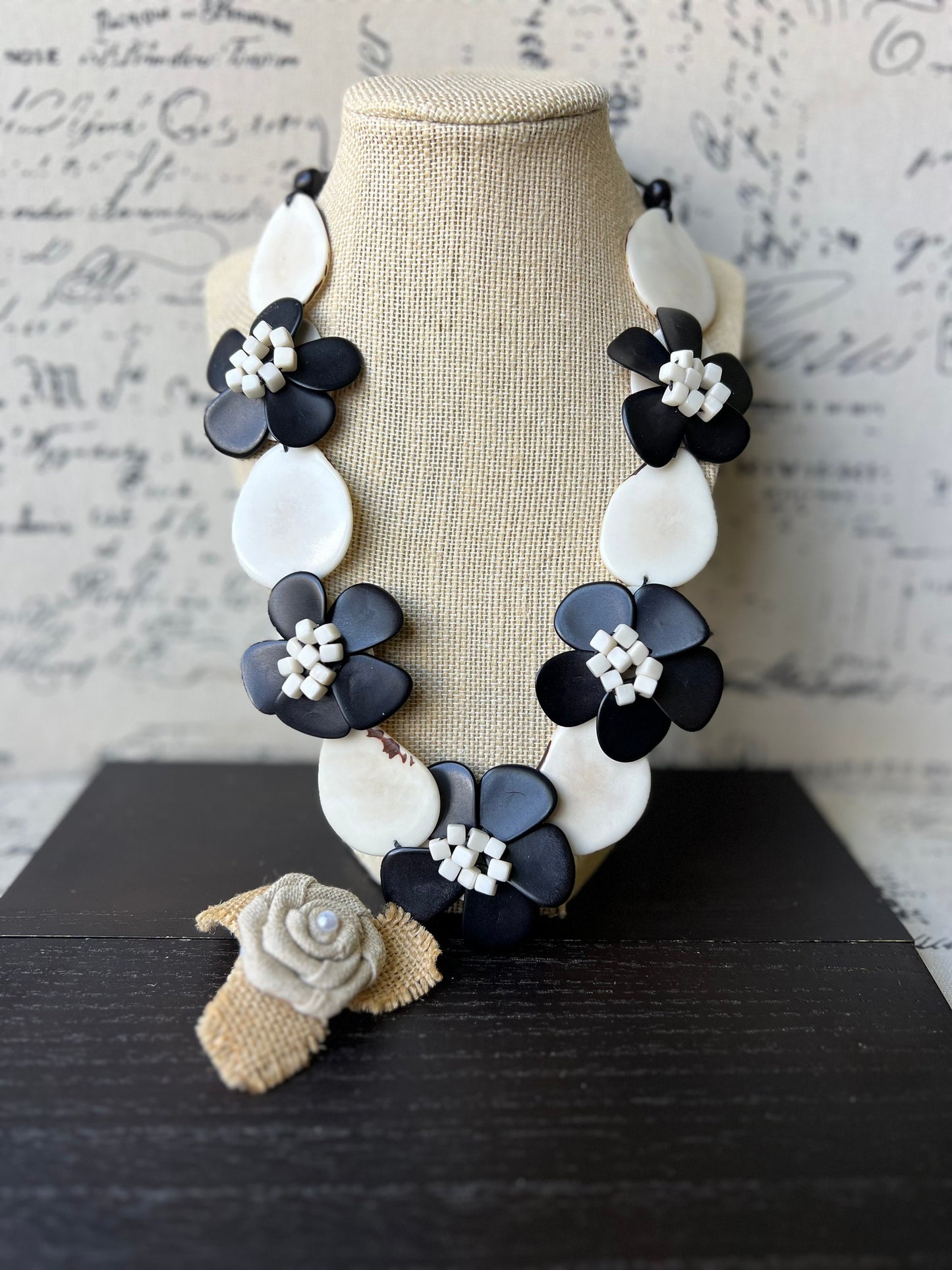 Black and white flower necklaces for women Tagua jewelry Mothers day gifts Spring fashion Big bold necklace Floral necklace Statement bib
