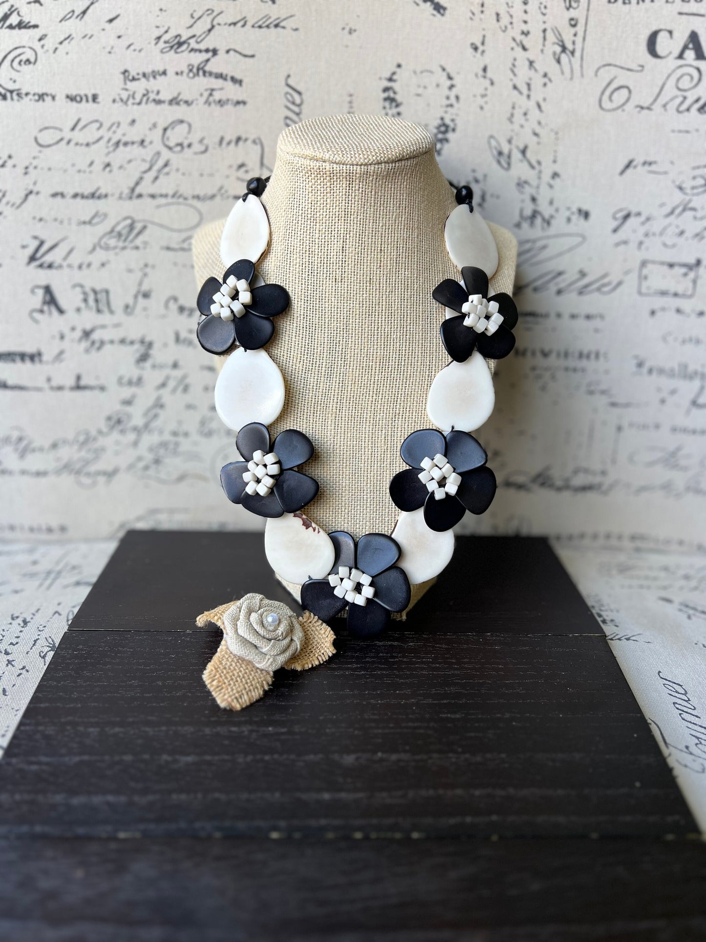 Black and white flower necklaces for women Tagua jewelry Mothers day gifts Spring fashion Big bold necklace Floral necklace Statement bib