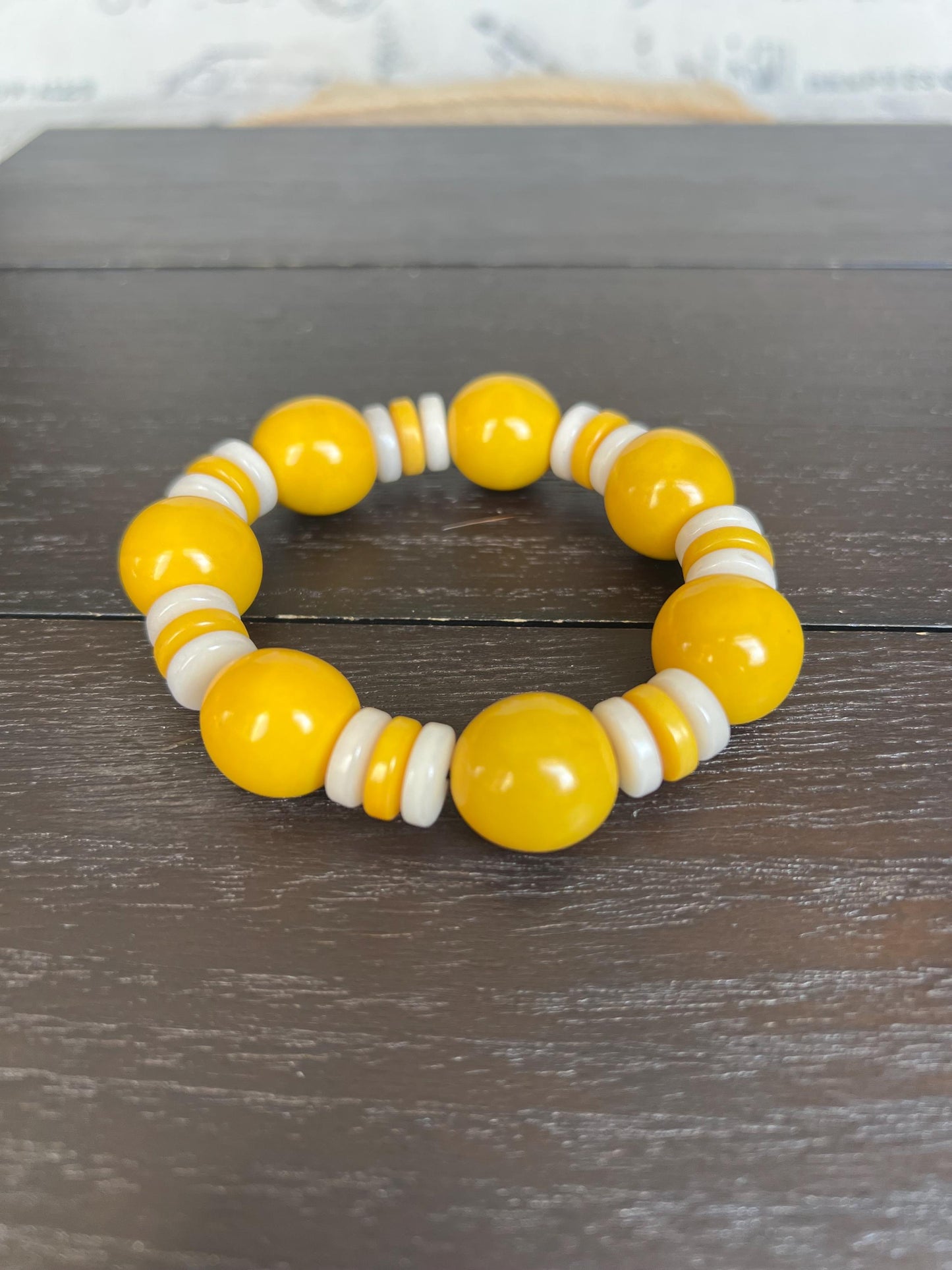 Yellow statement bracelet Spring fashion 2025 Tagua jewelry Big bold bangle Mothers day gifts Stretch elastic bracelet Wearable art
