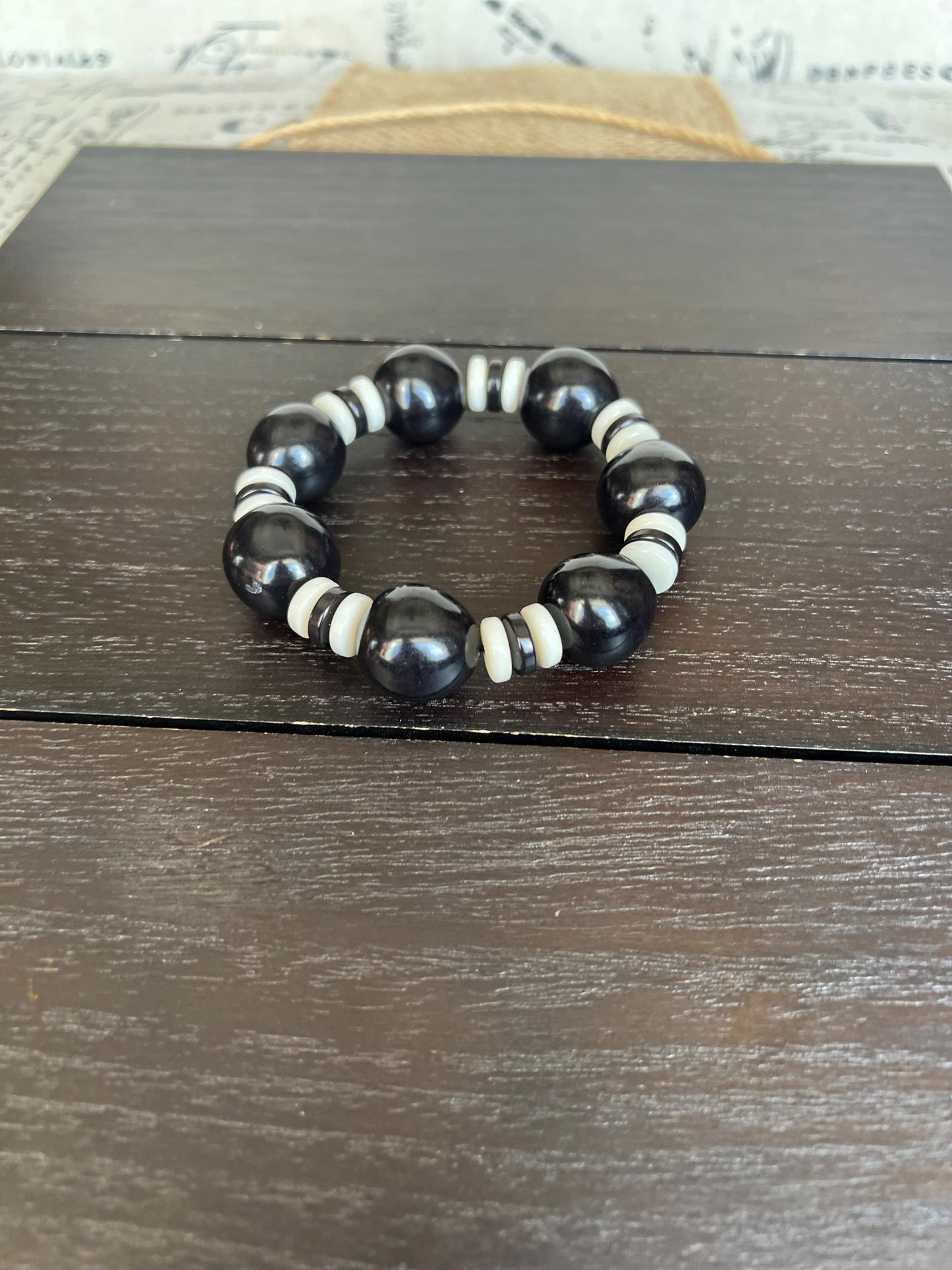 Black and white statement bracelet Tagua jewelry Big bold bangle Wearable art Mothers day gifts Trendy custom jewelry Stretch elastic