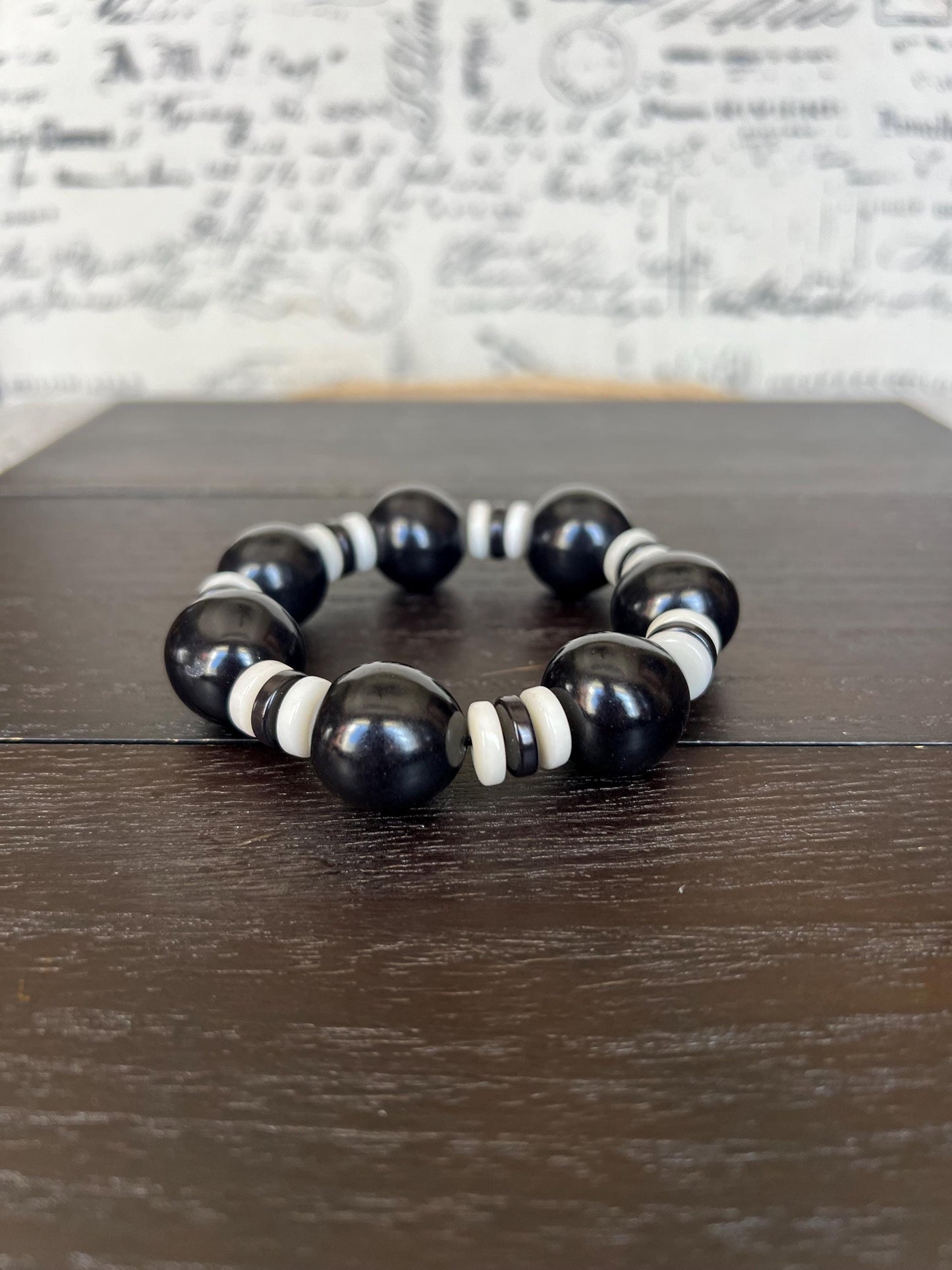 Black and white statement bracelet Tagua jewelry Big bold bangle Wearable art Mothers day gifts Trendy custom jewelry Stretch elastic