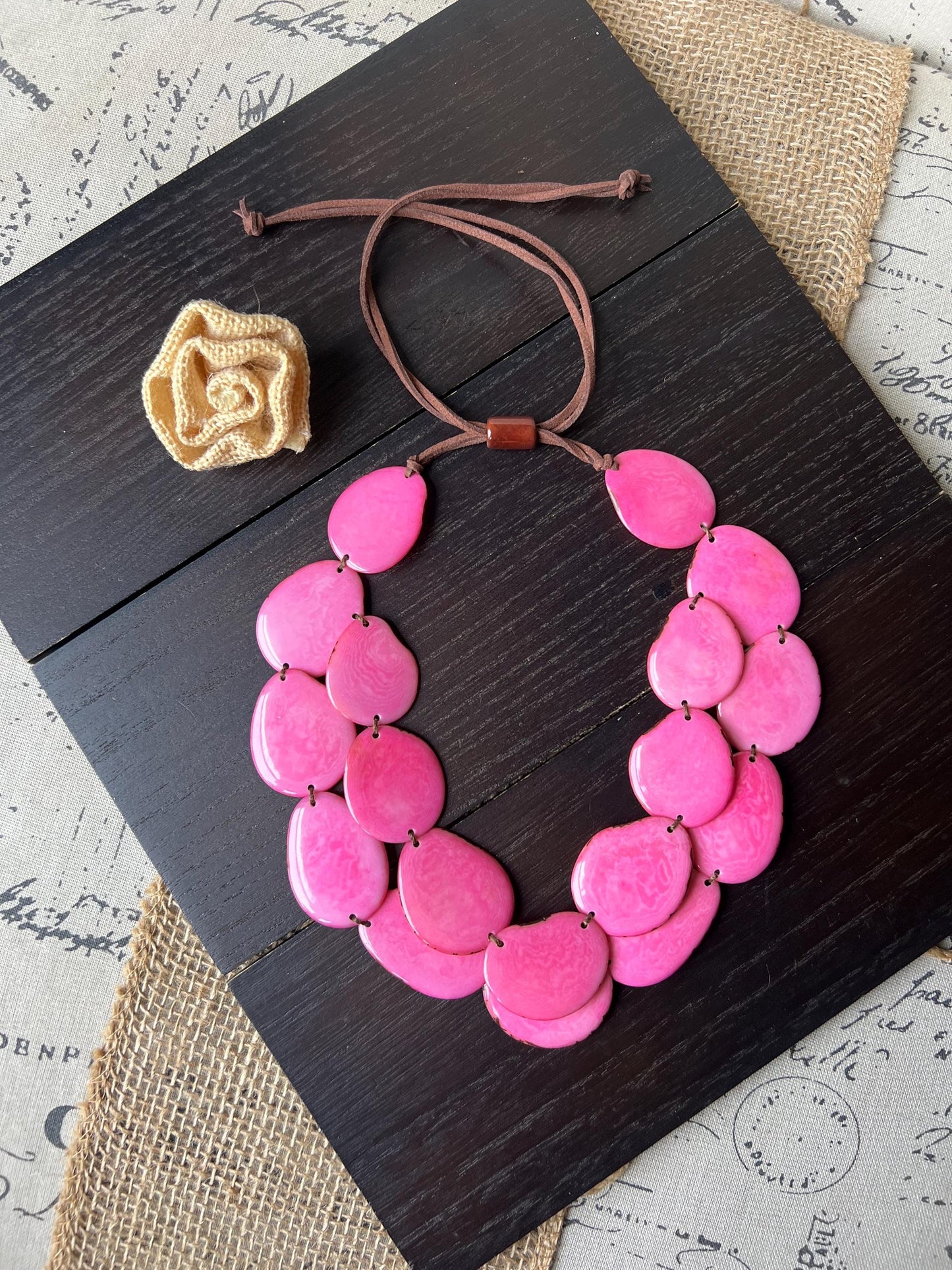 Pink statement necklace Double layer adjustable collar Tagua jewelry Gift for wife Big bold chunky Wearable art Multi strand necklace