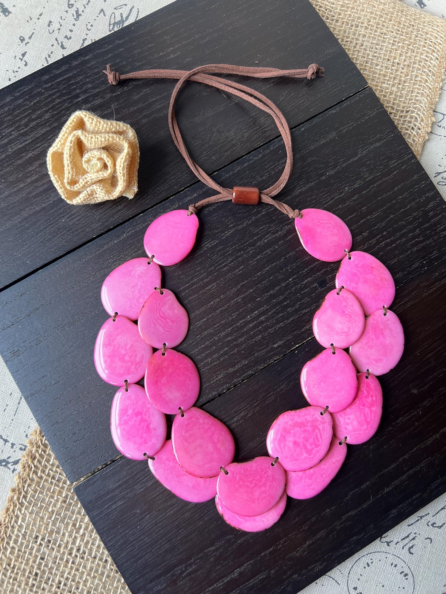 Pink statement necklace Double layer adjustable collar Tagua jewelry Gift for wife Big bold chunky Wearable art Multi strand necklace